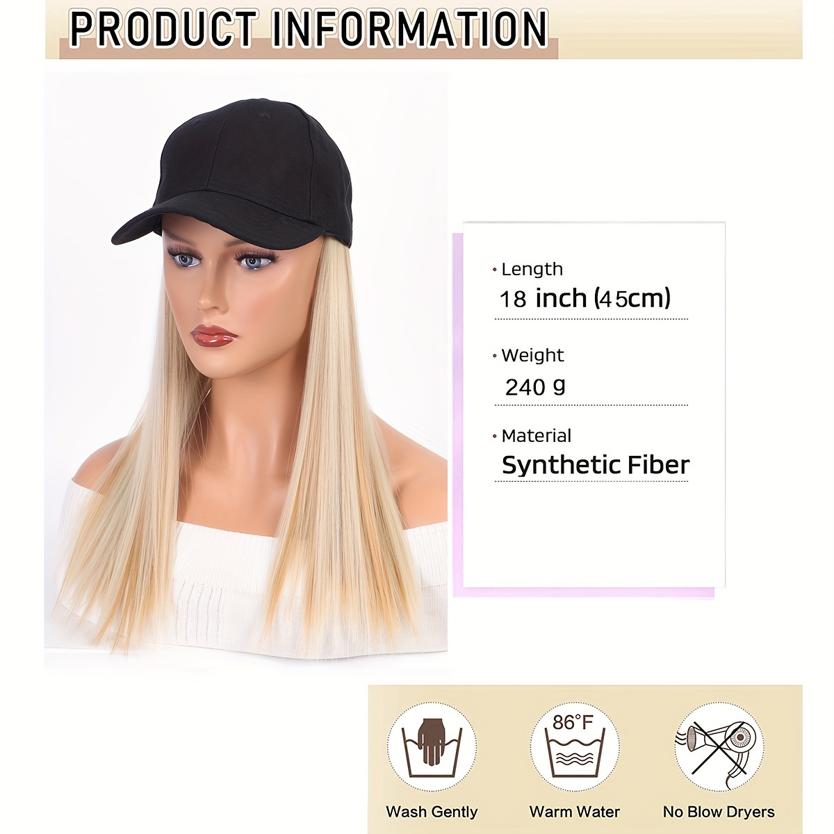 Long Synthetic Hat Wig Baseball Straight Hair Extensions Temu