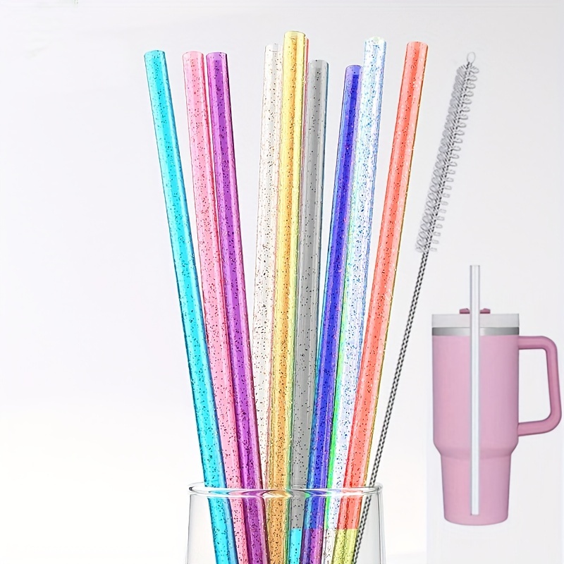 12 Piece 11 Inches Reusable Plastic Straws for Tall Cups and Tumblers 6  Colors BPA-Free Unbreakable Clear Glitter Sparkle Drinking Straw with 1