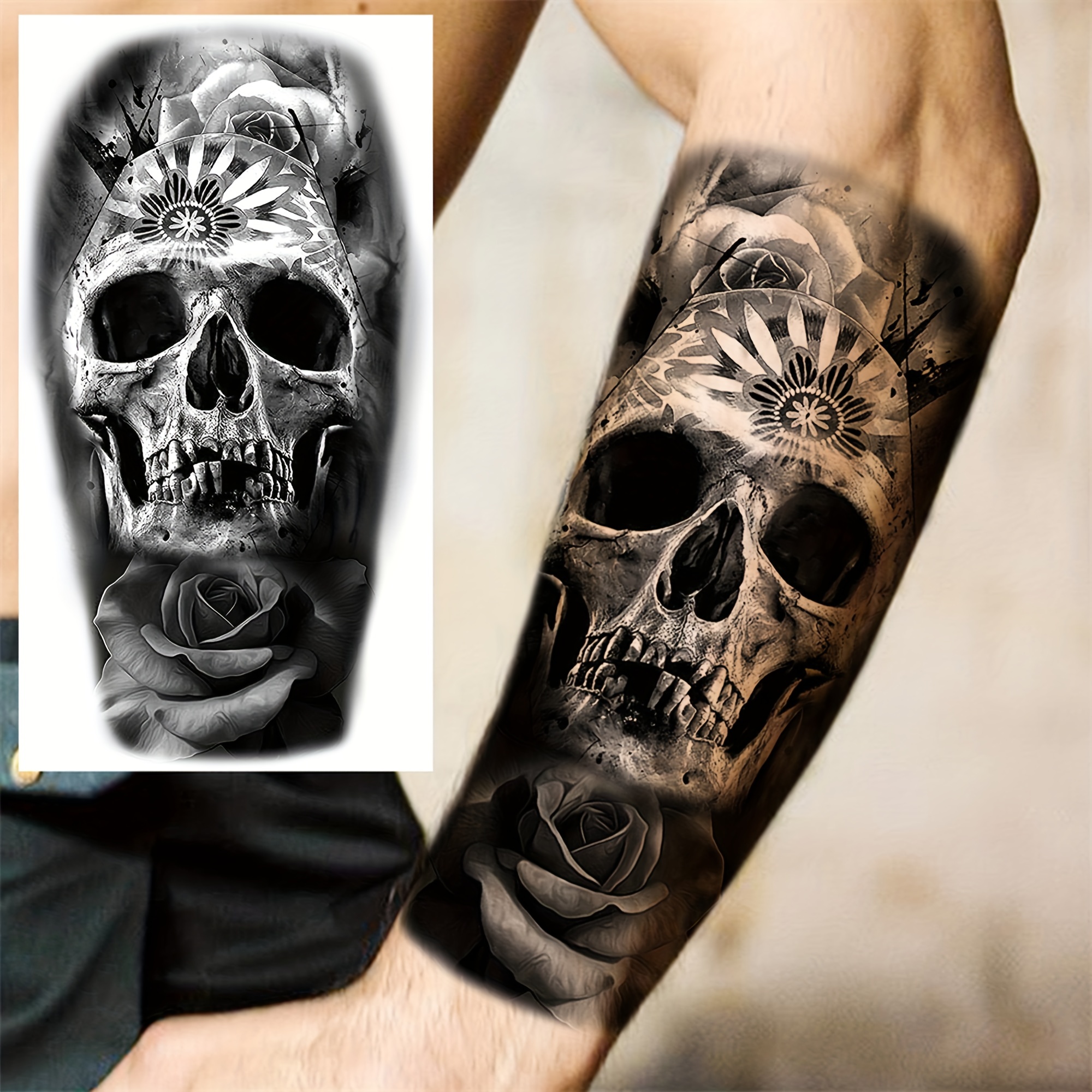 Death Skull Temporary Tattoo - Fake Wolf Tattoos Sticker Full Arm