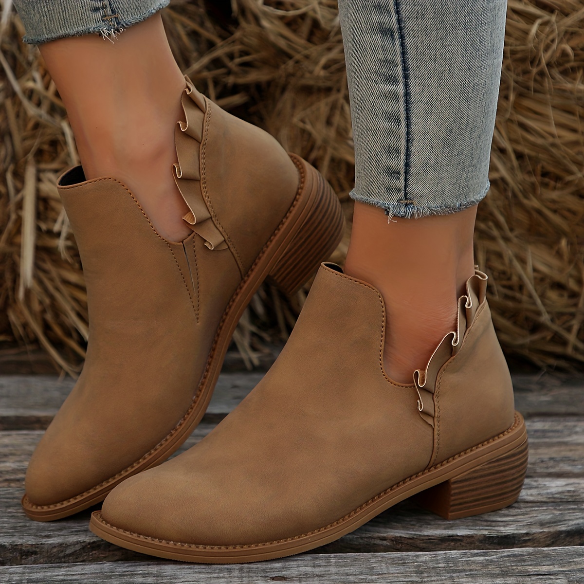 Women's Chunky Low Heeled Booties * Detail V-cut Slip On Ankle Boots, Retro  Stacked Heeled Short Boots