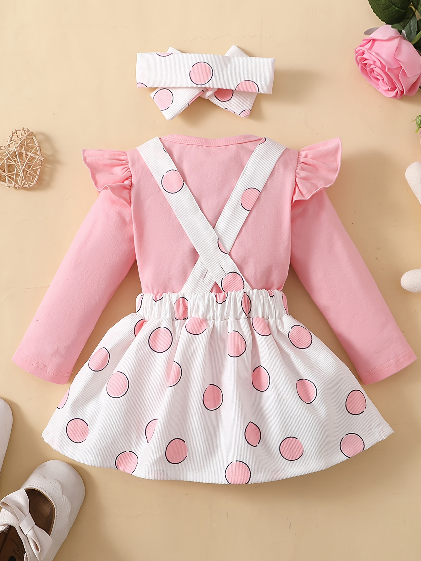 3pcs Baby Girl Polka Dot Rabbit Suspender Skirt Set