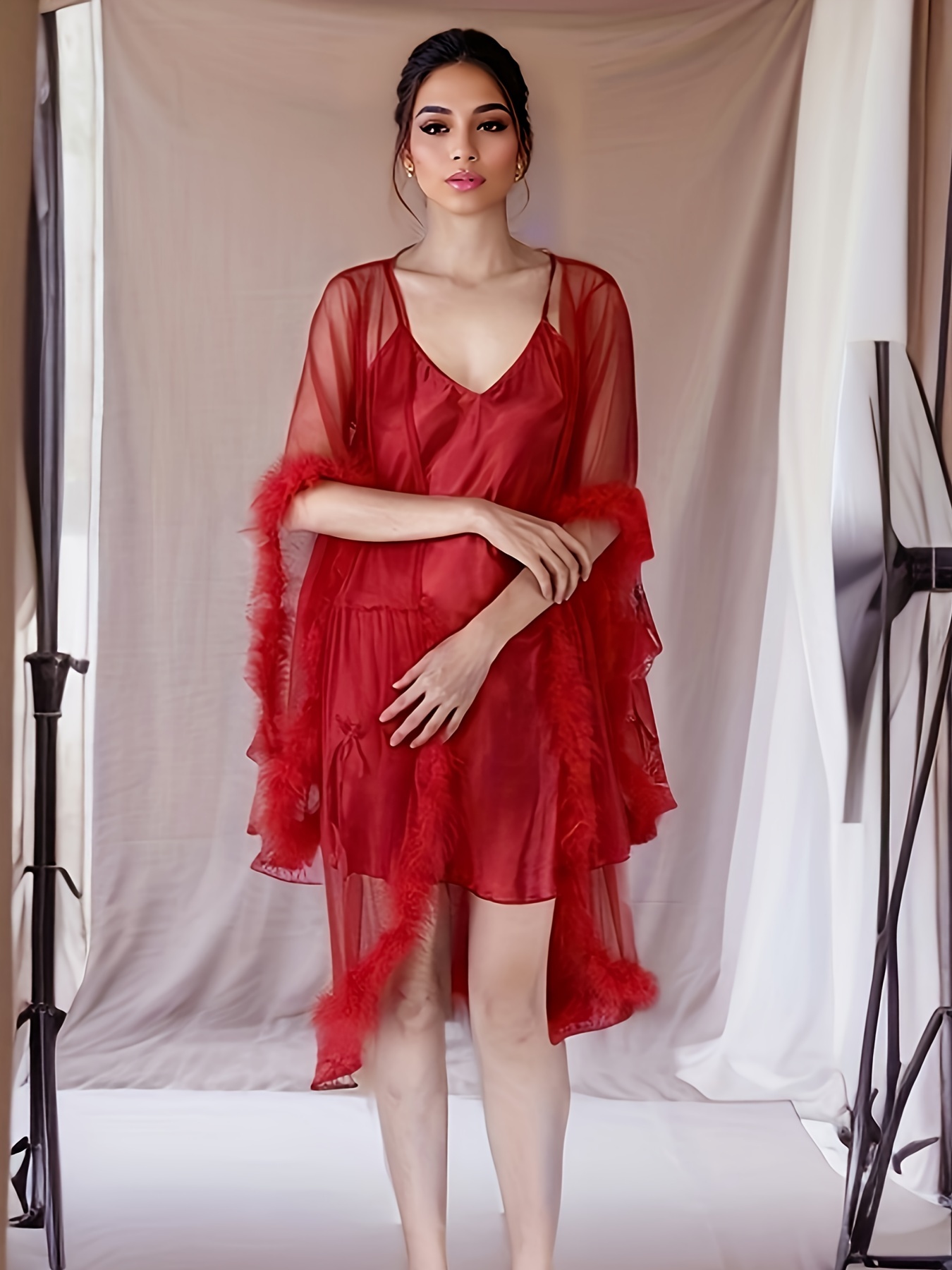 Solid Lingerie Set Round Neck Satin Slip Cami Dress Fuzzy - Temu Canada