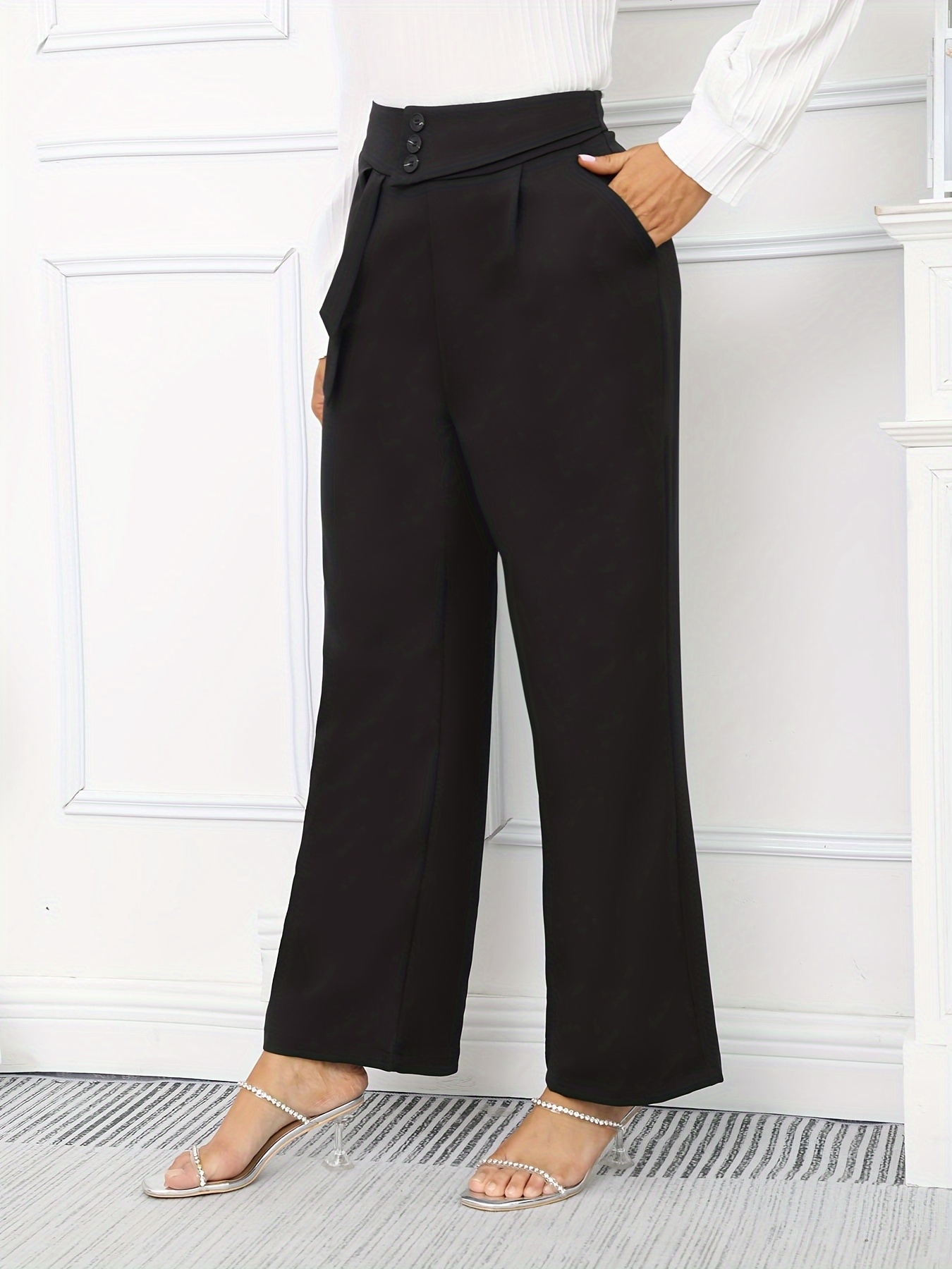 Solid Button Front Straight Leg Pants Versatile Loose Pants - Temu