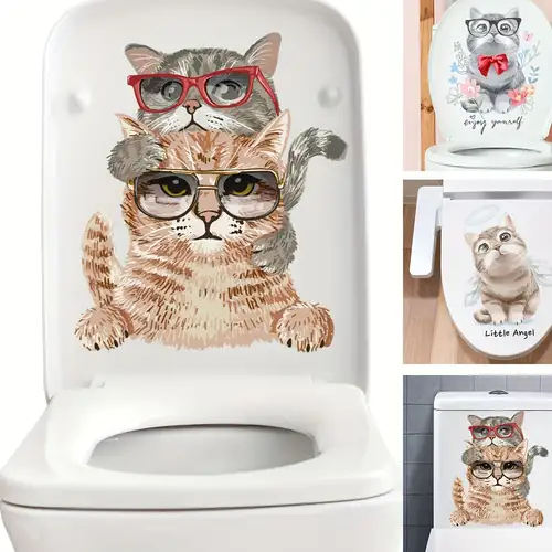 1pc 3D Cute Animal Waterproof Toilet Cover PVC Sticker, Removable Vinyl Cat  Wallpaper, Wall Painting Fun Cat Toilet Seat Cover Sticker, Bathroom Wall