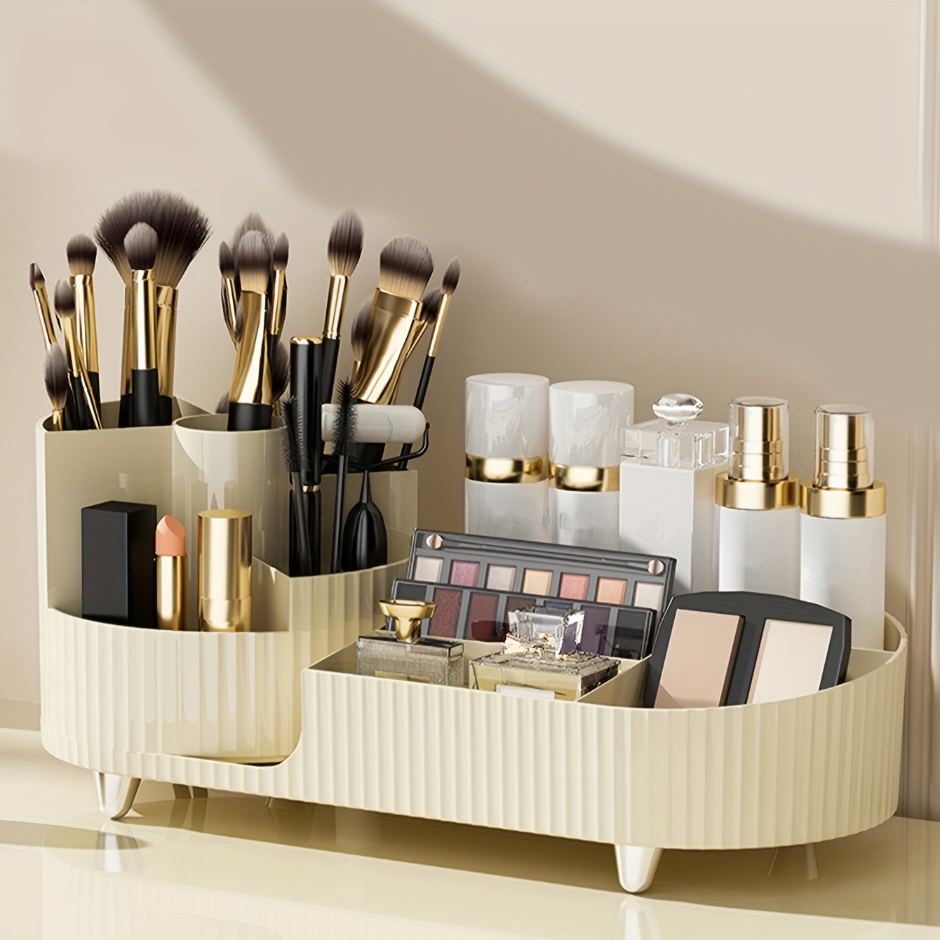 Makeup Organizer with Brush Holder, Cosmetics Skincare Organizer Box Set,  Make up Organizers and Storage for Vanity with Lid and Drawers, Cosmetic