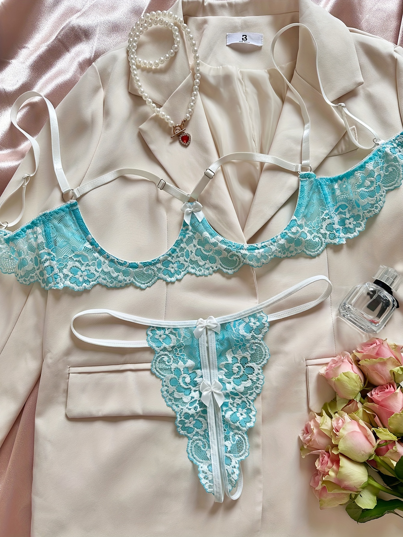 Erotic Floral Lace Lingerie Set Open Bust Bra Open Crotch - Temu United  Kingdom