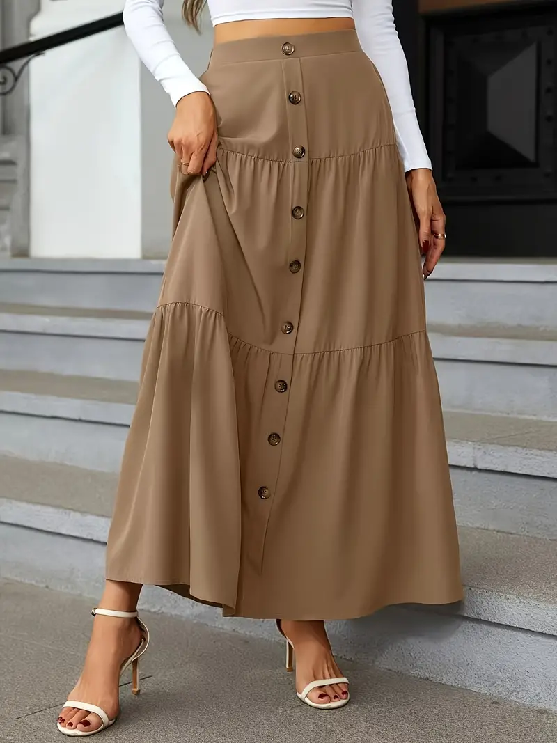 high waist tiered skirts casual solid button front maxi skirts womens clothing details 28