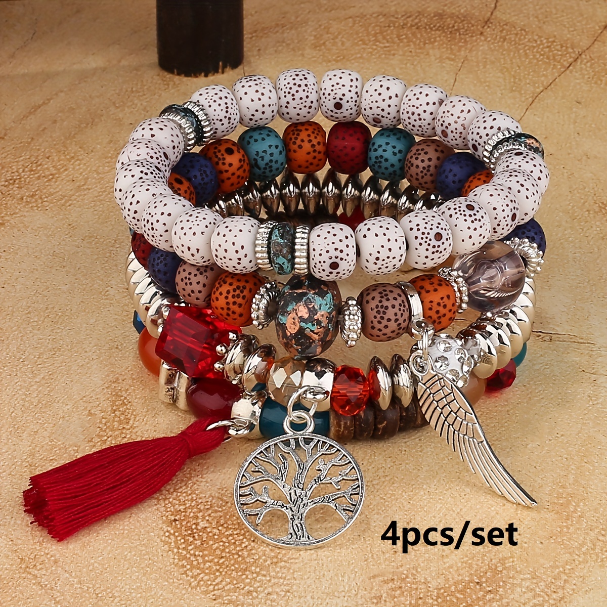 4pcs/set Bohemian Hand String, Tree Of Life Feather Wings Pendant Bracelet,  Tassel Couple Handmade Unisex Bracelet