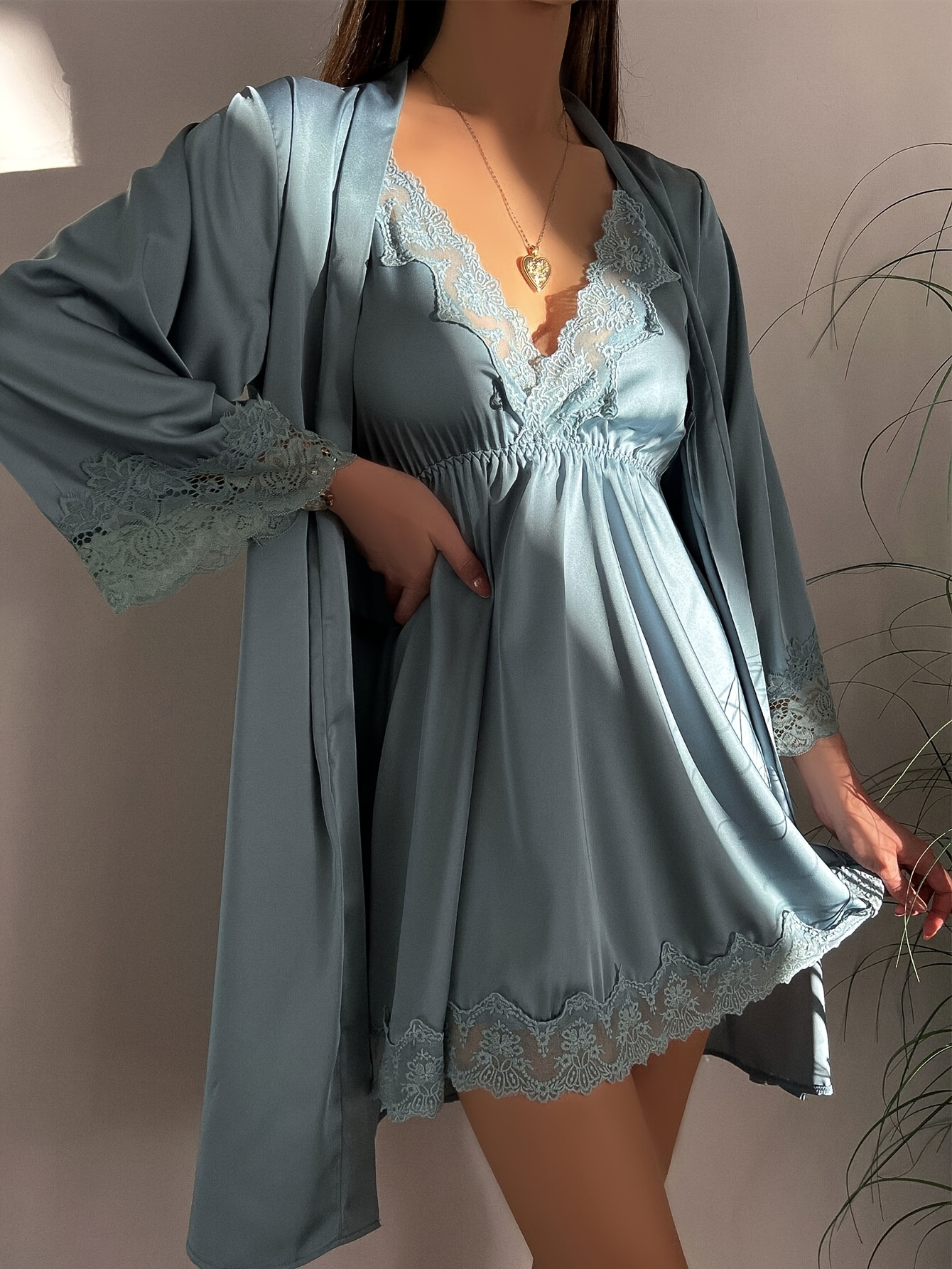 Lace Trim Satin Pajama Set, Long Sleeve Robe With Belt & V Neck Slip Dress,  Women's Sleepwear & Loungewear