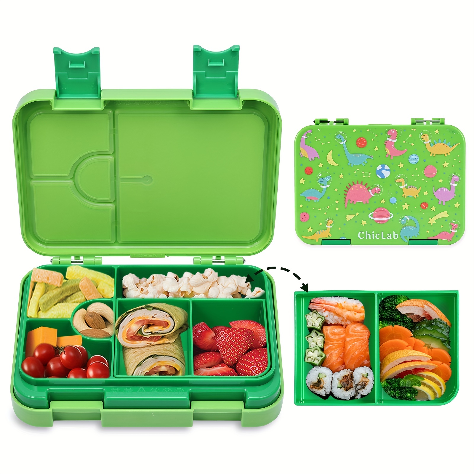 Lonchera Bento para niños y niñas, 42.3 fl oz, con 5 compartimentos,  cuchara, tenedor, tarro de salsa, a prueba de fugas, sin BPA, tamaños para  niños