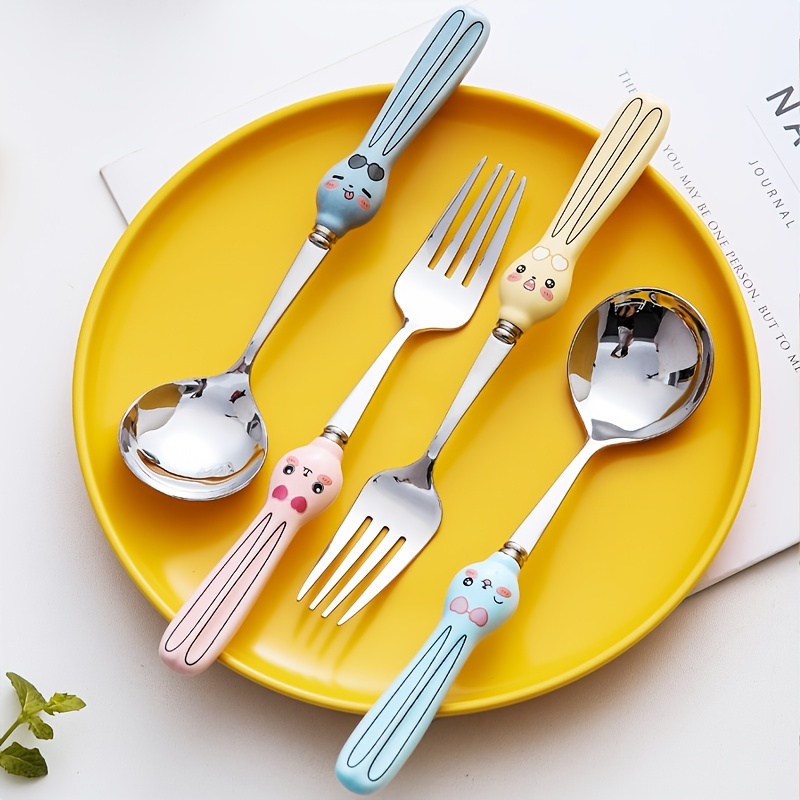 1 Set Baby Dishes Fork + Spoon Stainless Steel Cartoon Cute