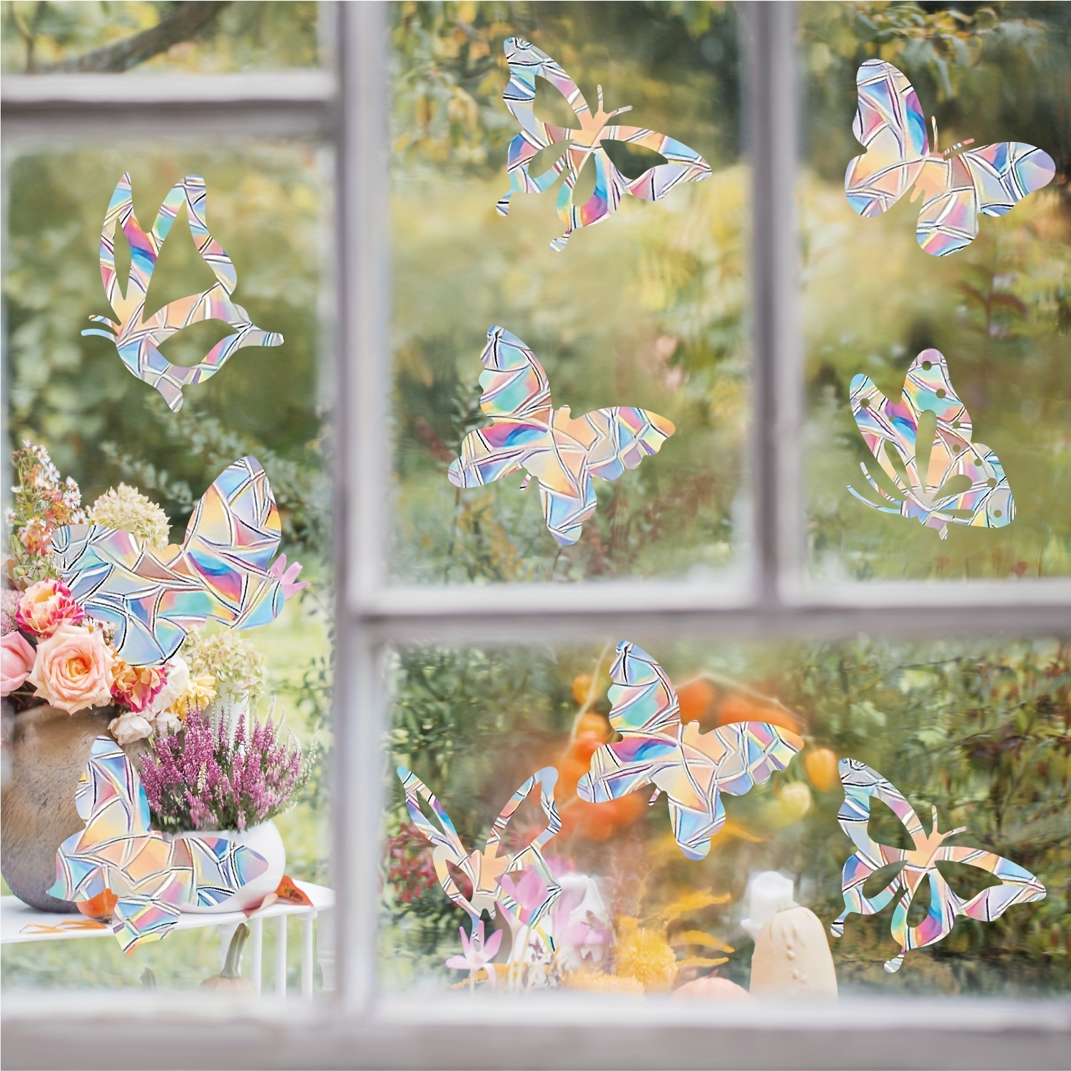 Carevas 9 feuilles mignon fenêtre s'accroche bricolage fleur plante motif  fenêtre autocollants amovible auto-adhésif fenêtre décalcomanies amovible  vinyle pour décoration de fenêtre en verre 