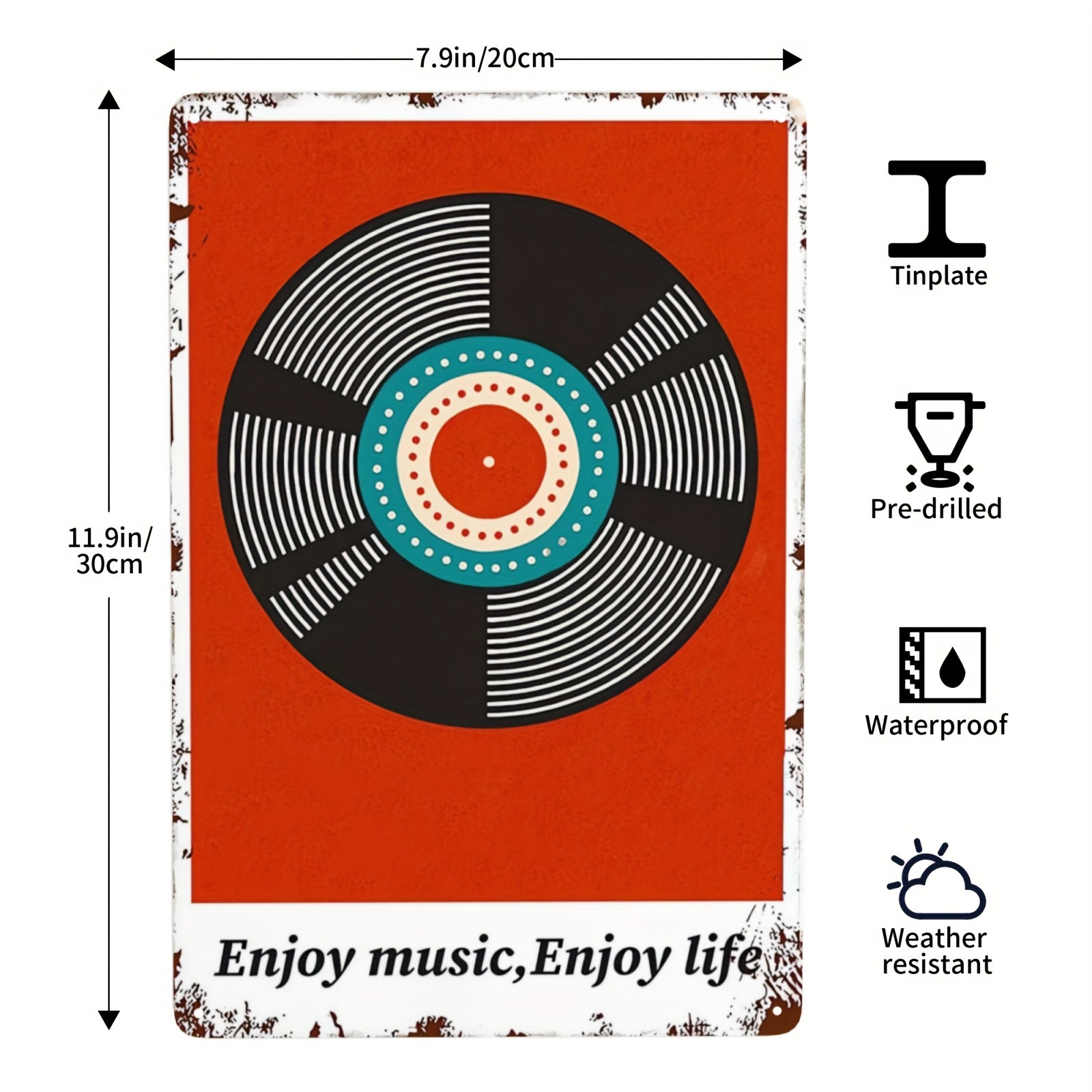 1pc, Enjoy Music, Enjoy Life Vinyl Records Minimalistic Aluminum Sign Music  Poster Art Wall Mural Decoration Living Room Bedroom Cafe 8x12 Inch, High-quality & Affordable