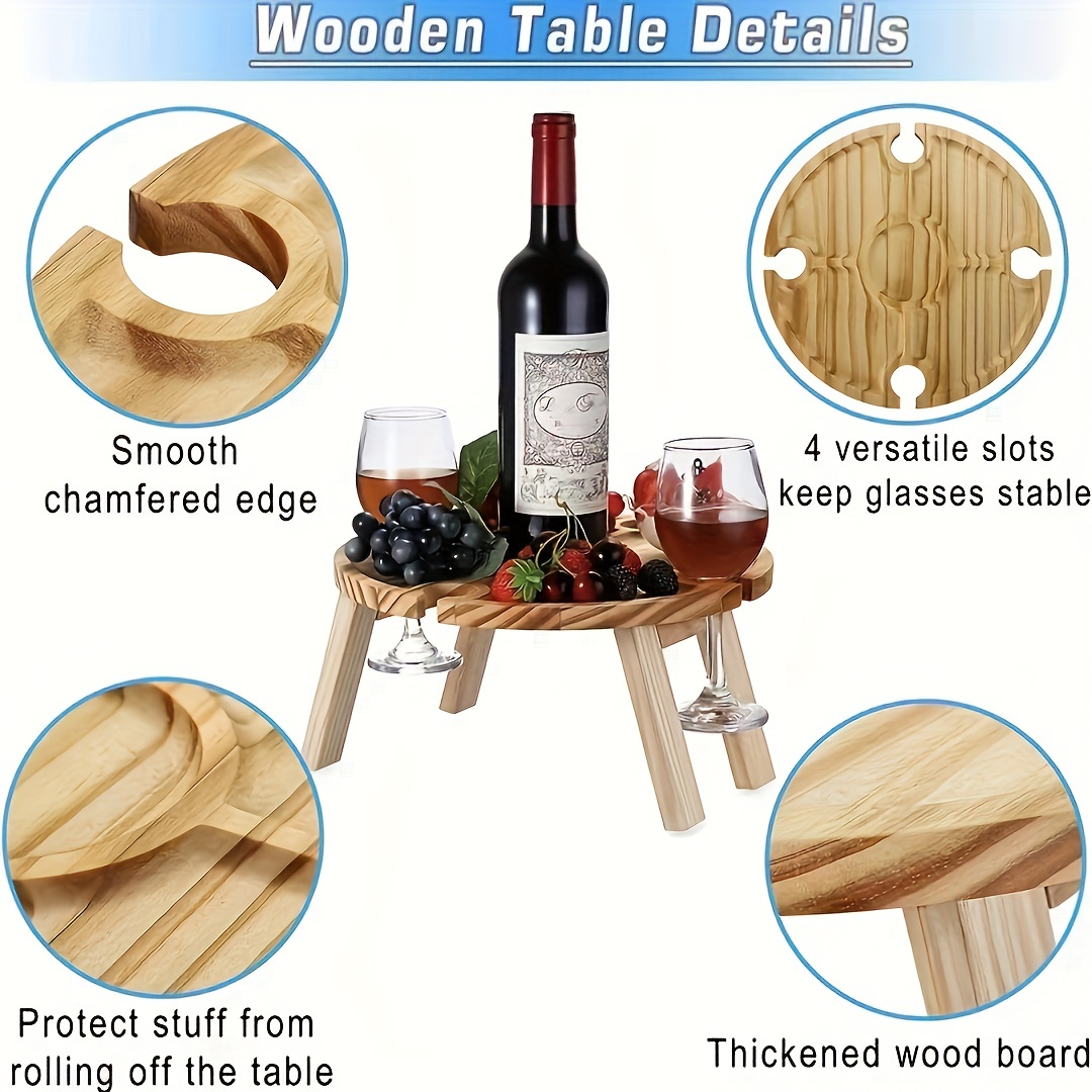 1Pc Portable Wine Picnic Table with 2 Bottle and 2 Wine Glasses Holder, 2  in 1 Wooden Wine Table, Champagne Picnic Snack Table for Camping, Beach,  Outdoor, Indoor, Wine Lover Gift