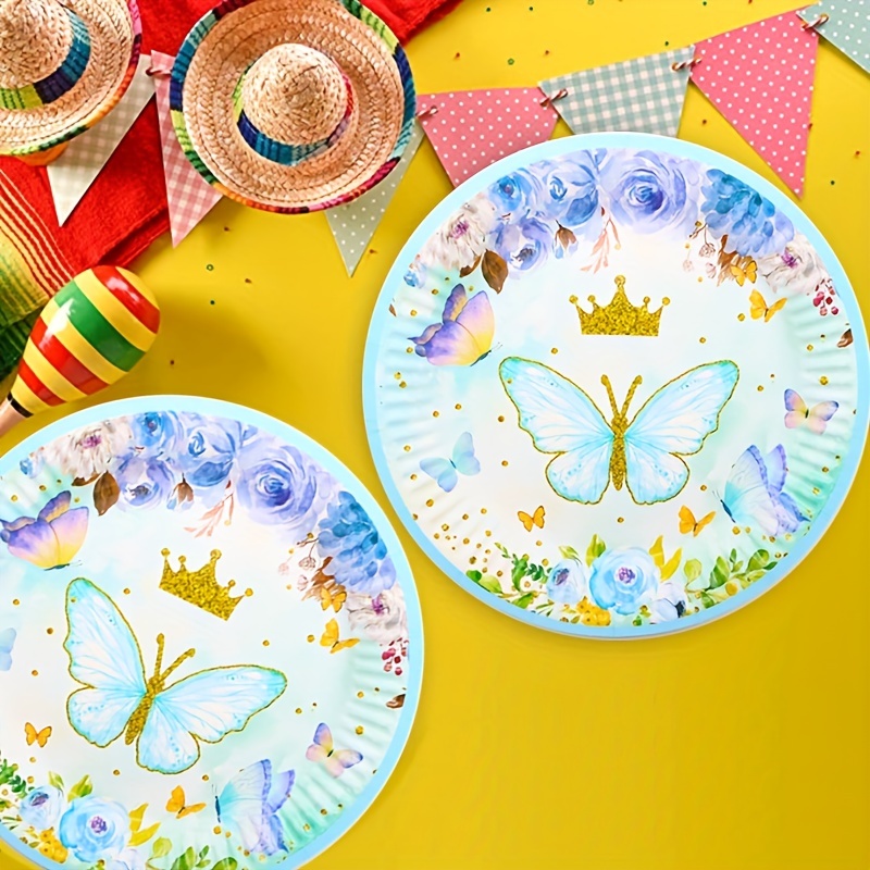 96 piezas de vajilla de fiesta de mariposa con temática de flores de  primavera, decoración de mesa de fiesta de cumpleaños, platos de papel