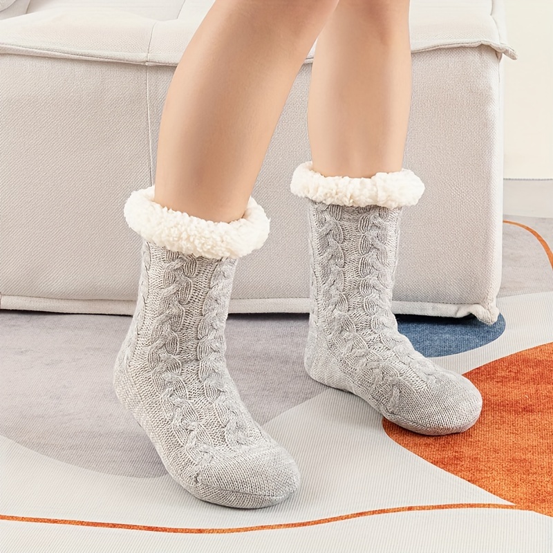 Women Men Unisex Household Slipper Non-Slip Artificial Fleece Gripper  Slippers Socks 