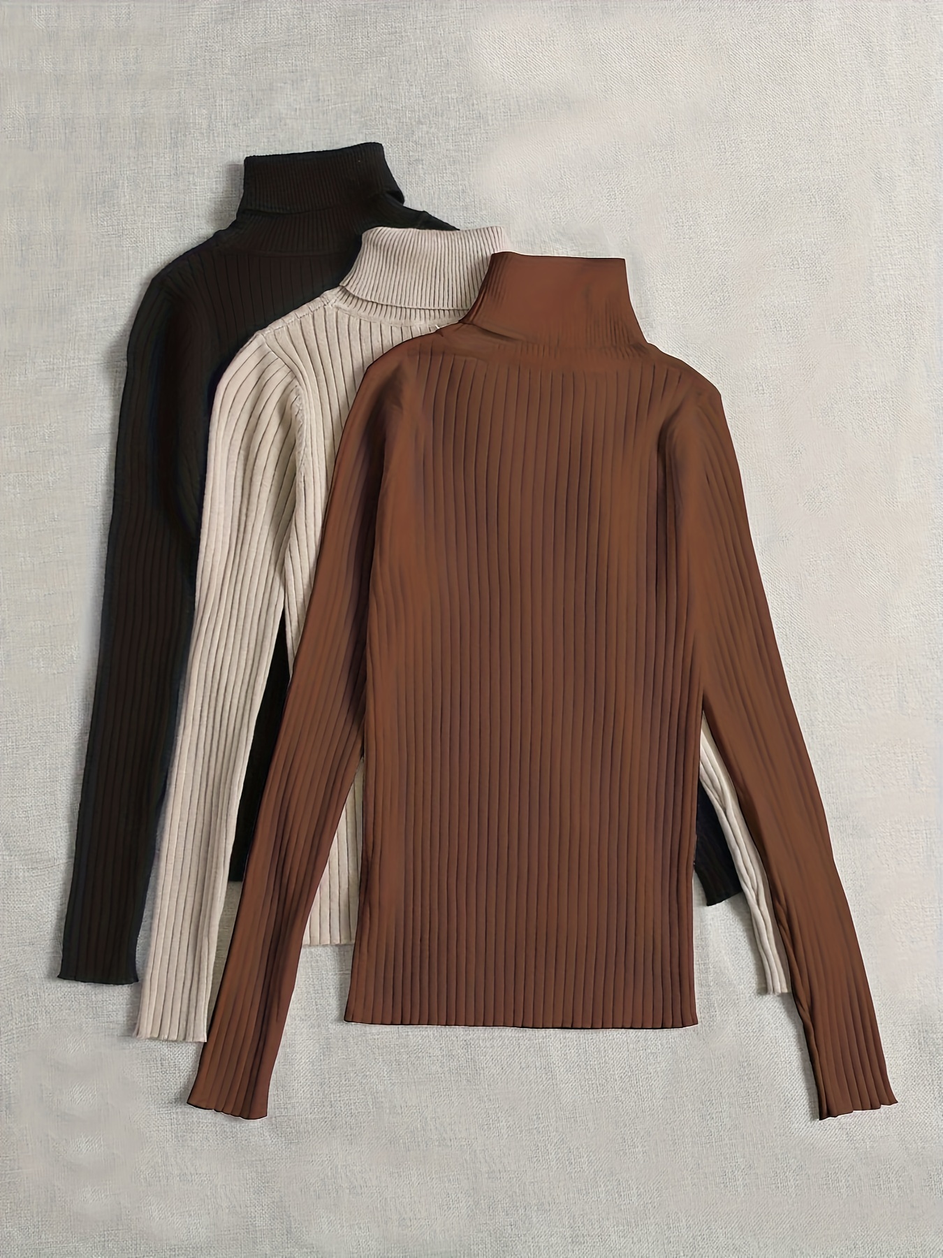 Solid Turtle Neck Rib Knit Sweater Elegant Long Sleeve Slim - Temu Poland