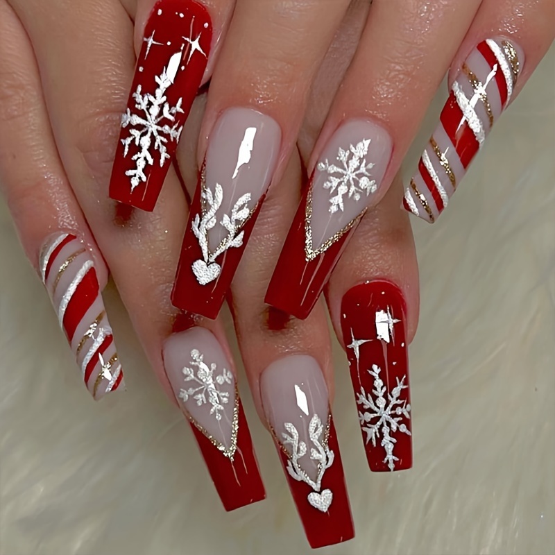 Christmas 24PCs False Fake Nails Snowflake French Fake Nails