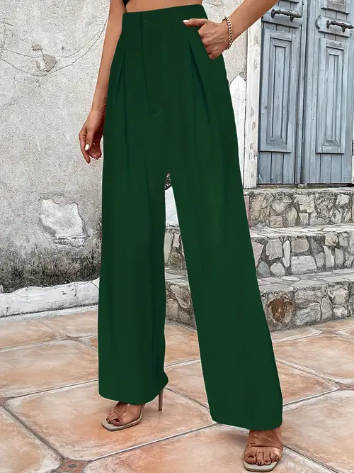 Dark Green Solid High Waist Women's Suit Pants