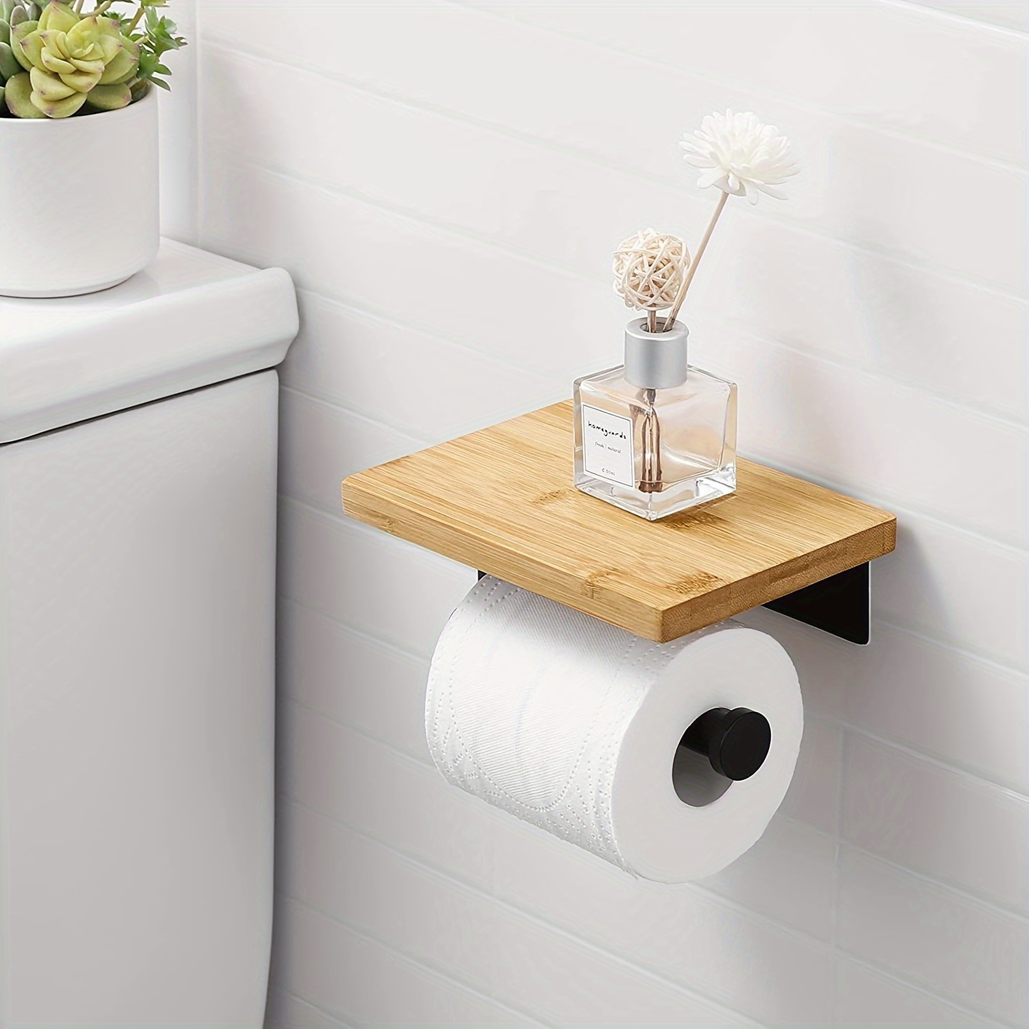 

1pc Wooden Board Paper Towel Holder, Toilet Restroom Self-adhesive Paper Towel Holder, Phone Shelf, Bathroom Accessories, Bath Storage And Organizer