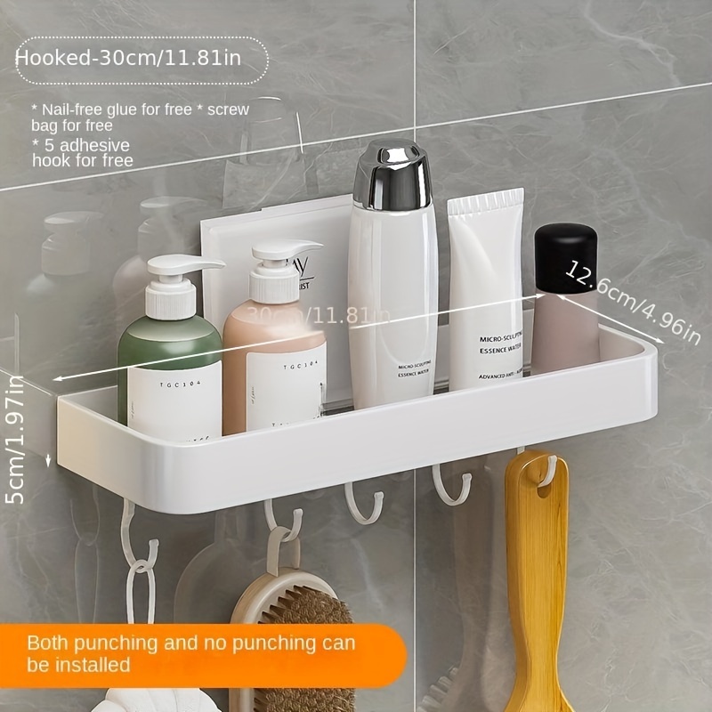 1pc wall mounted white bathroom storage rack, self adhesive PP storage rack  for bathroom use