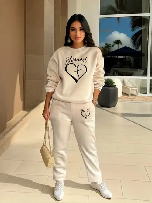 Casual Two piece Set Blessed Heart Print Long Sleeve - Temu