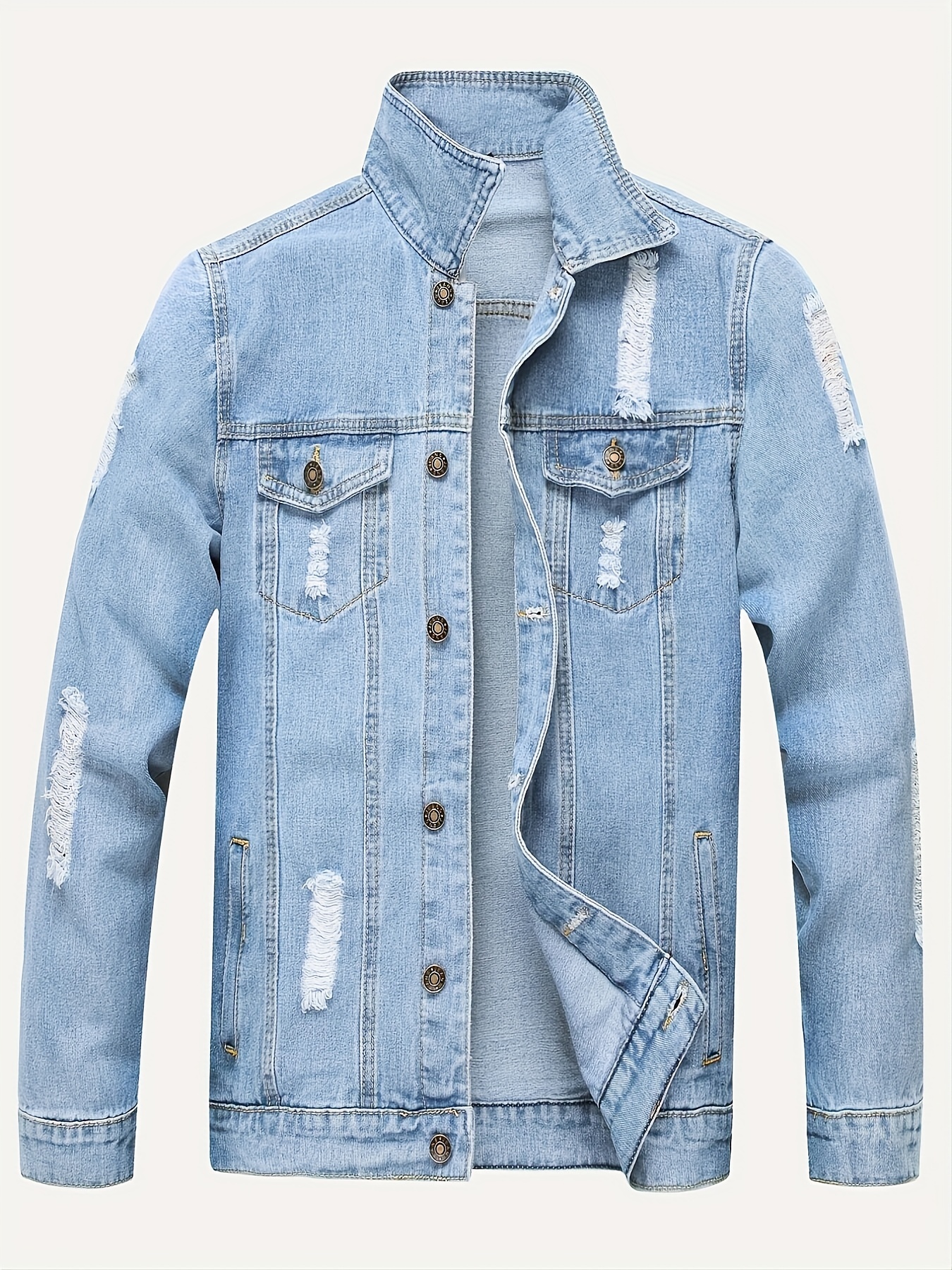 Men Casual Solid Hooded Hole Fake Two-piece Denim Jacket Pocket