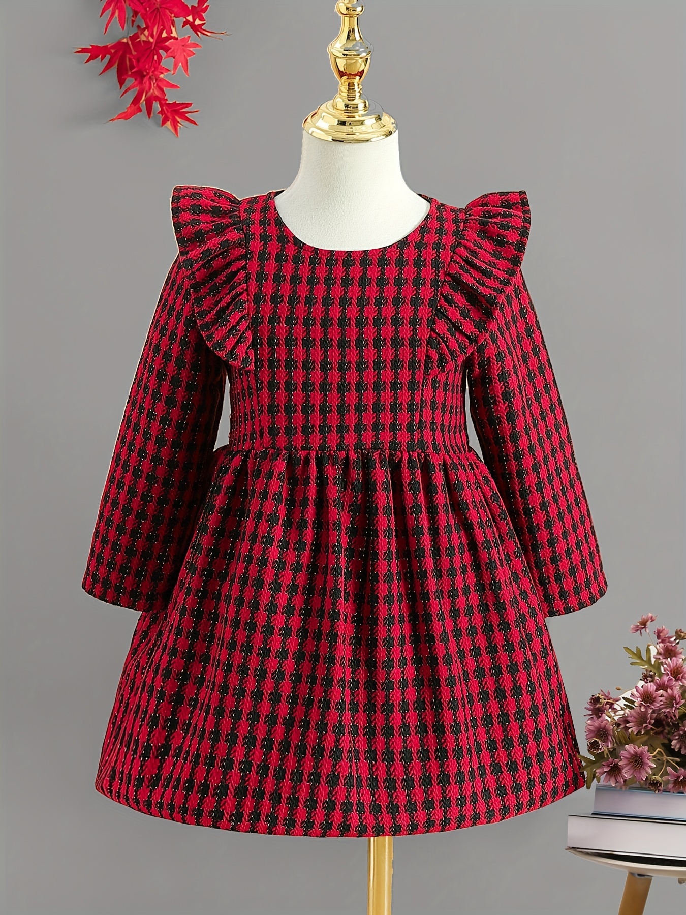 Girls' Preppy Plaid Knit Ruffle Decor Long Sleeve Dress, Classic And Trendy  Style Youth Girl Casual Dresses For Autumn Spring