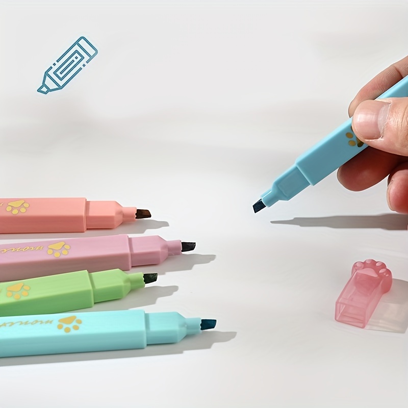 6pcs Fluorescent Marker Pens In Macaron Colors With Cat Claw