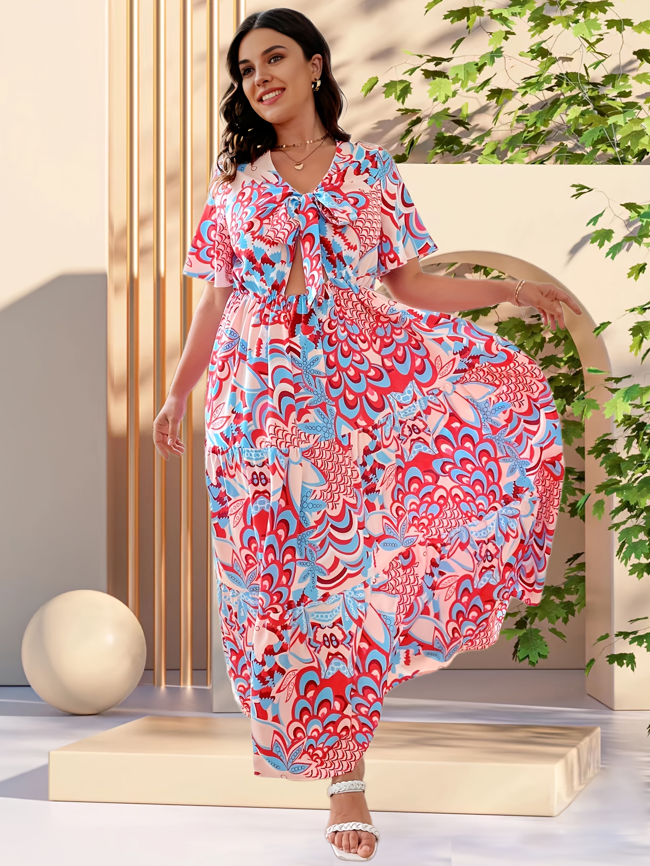 Boho Floral Print Dress Vacation V Neck Short Sleeve Maxi - Temu