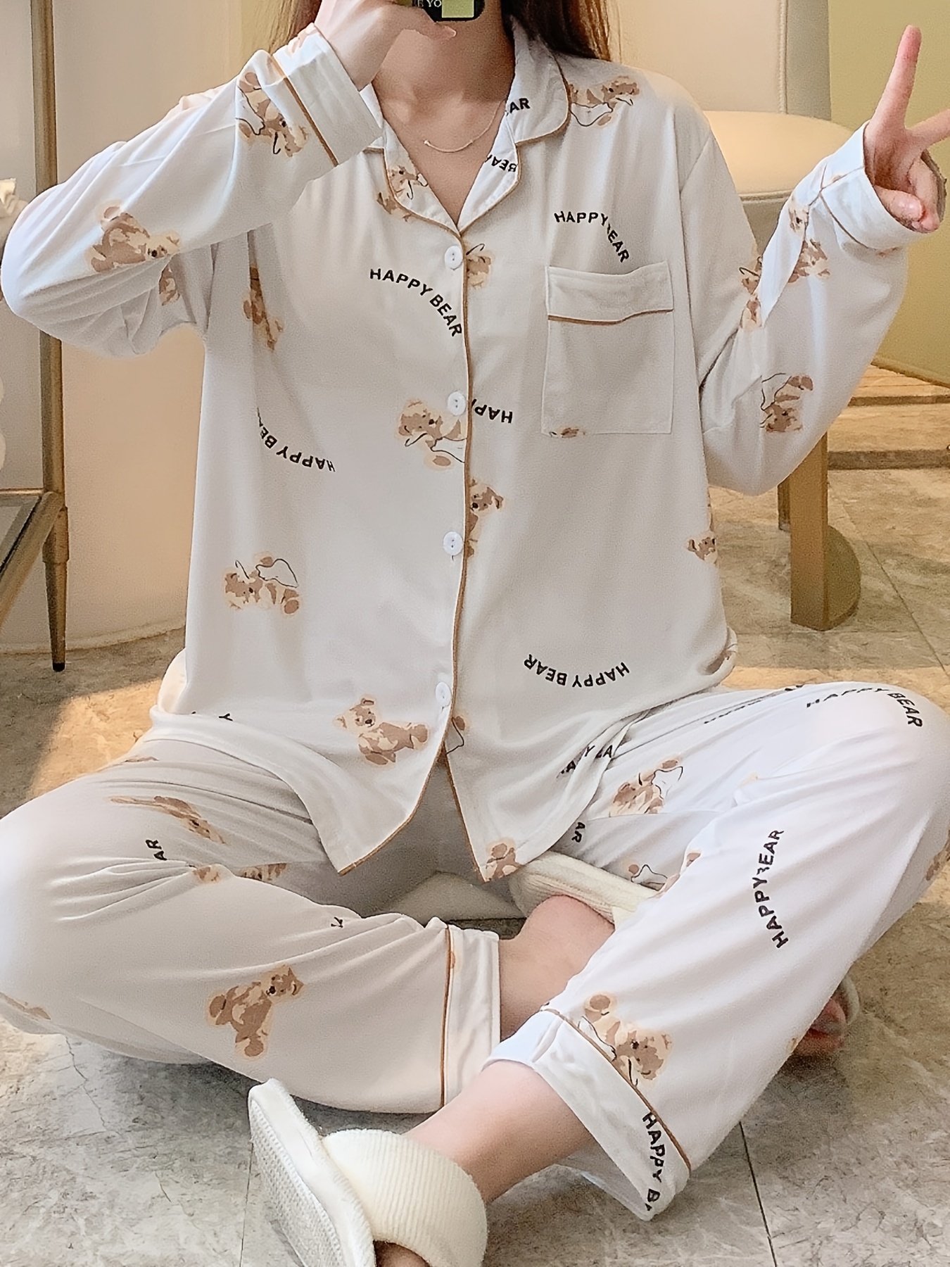 Happy Camper Bear And Moose Lumberjack Women's 2 Piece Pajama Sets Long  Sleeve Loungewear Soft Sleepwear Cute Pjs