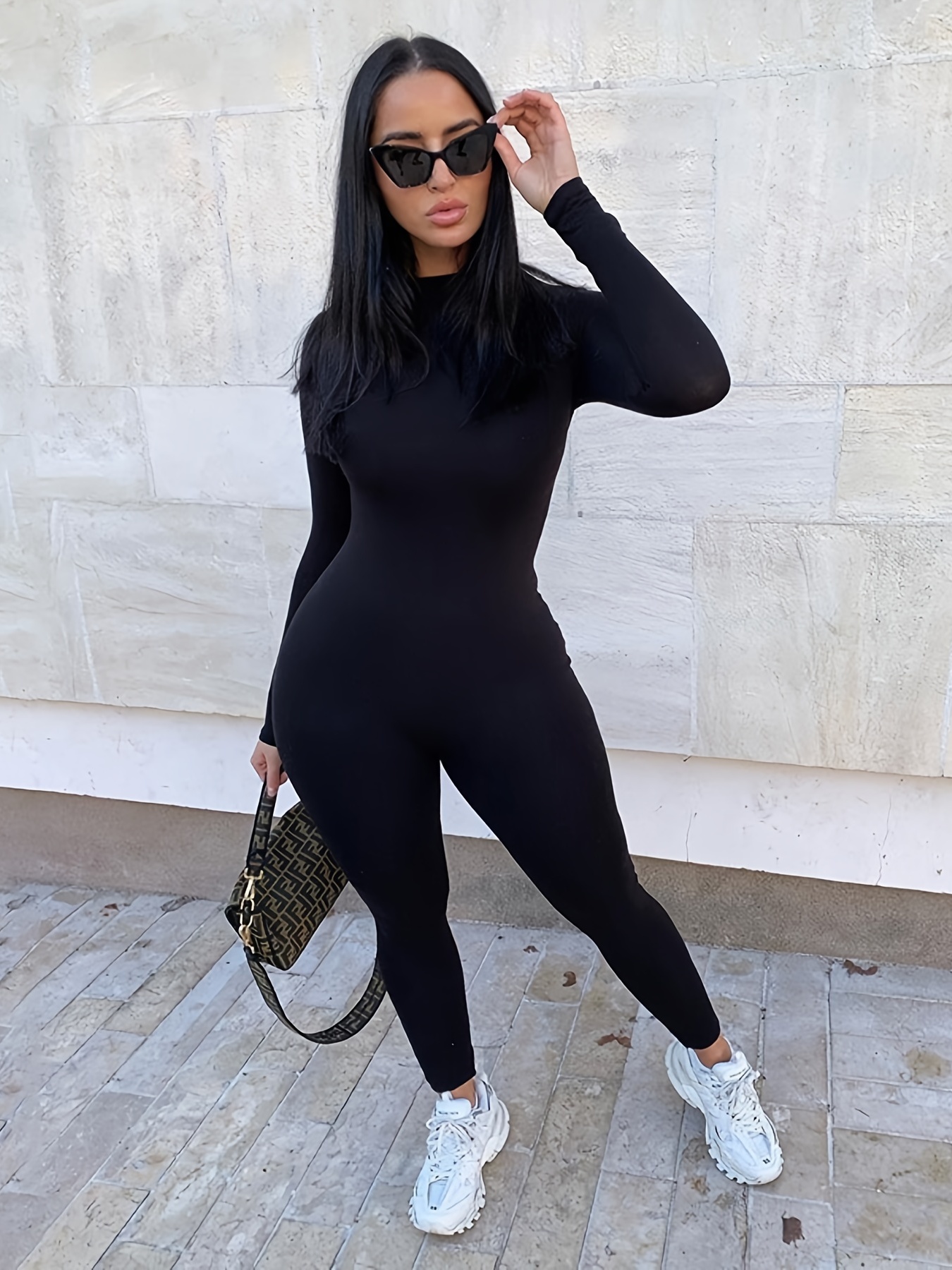 Embroidered High Neck Jumpsuit Sexy Slim Long Sleeve Workout - Temu