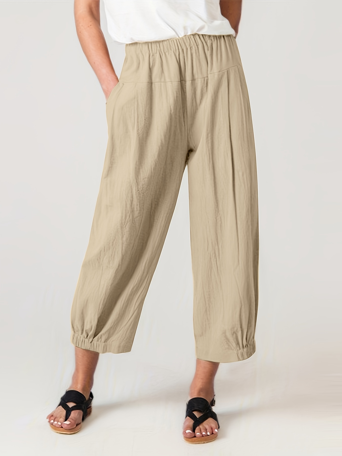 lcepcy Womens Cotton Linen Capri Pants - Wide Leg, Elastic Waist, Summer  Cropped Trousers for Beach and Casual Wear, Beige, Small : :  Clothing, Shoes & Accessories