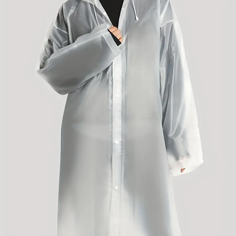 white reusable rain pancho for traveling washable drawstring button down waterproof rainwear hooded coat details 4