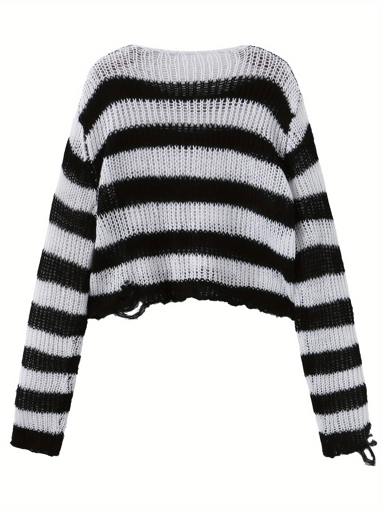 Striped Print Crew Neck Ripped Sweater, Casual Long Sleeve Crop Sweater,  Women's Clothing