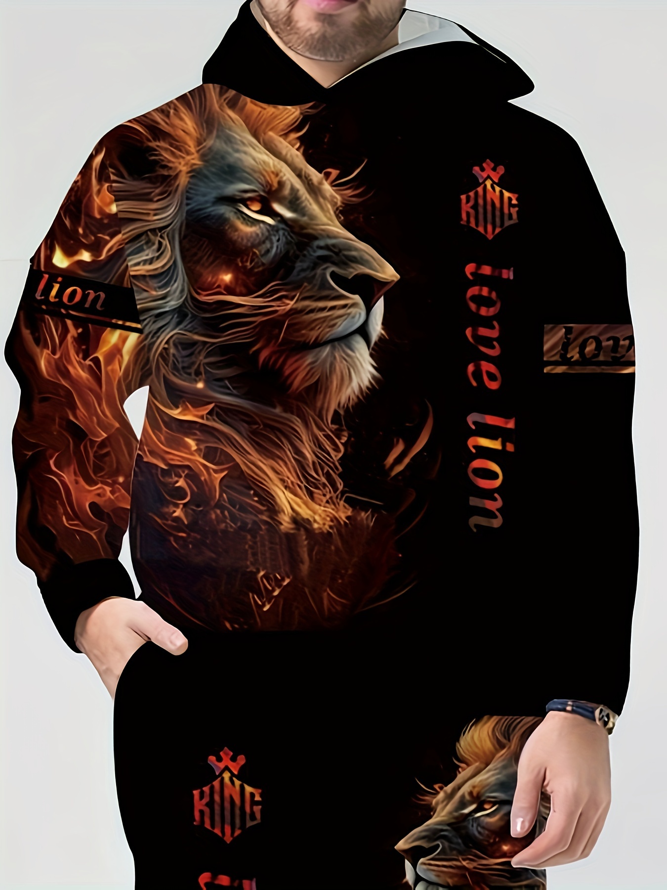 Men's 3d Lion Print Sweatshirt Sweatpants Set Oversized - Temu