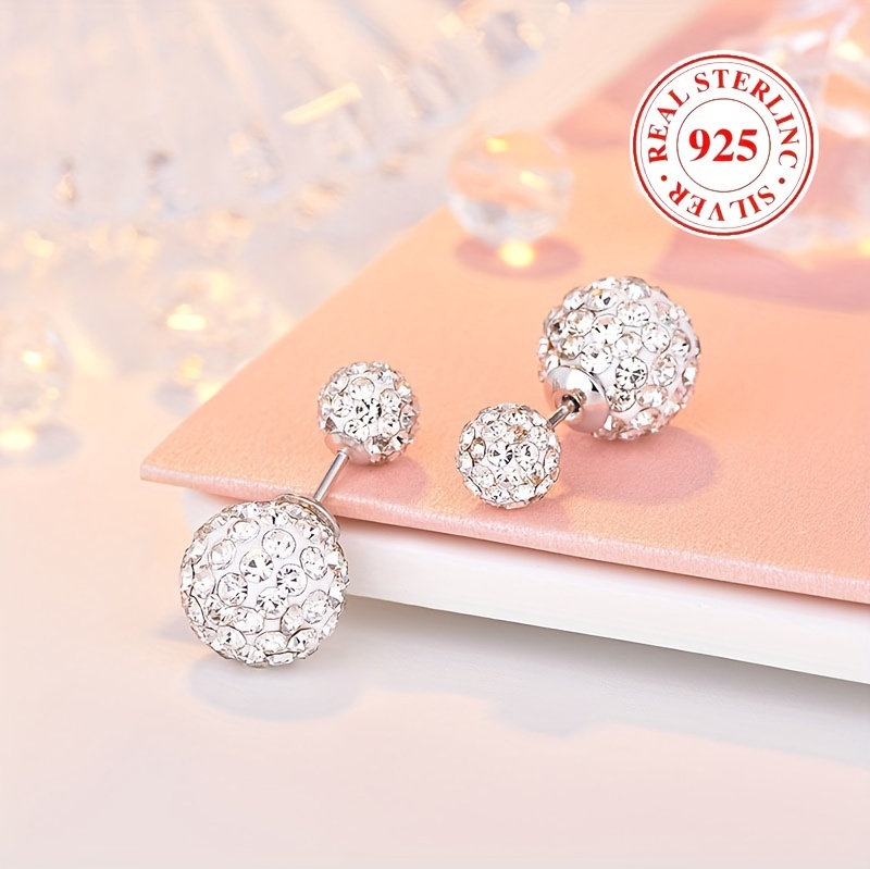 double shiny ball design 925 silver stud earrings ear jacket hypoallergenic jewelry embellished with elegant luxury style details 3