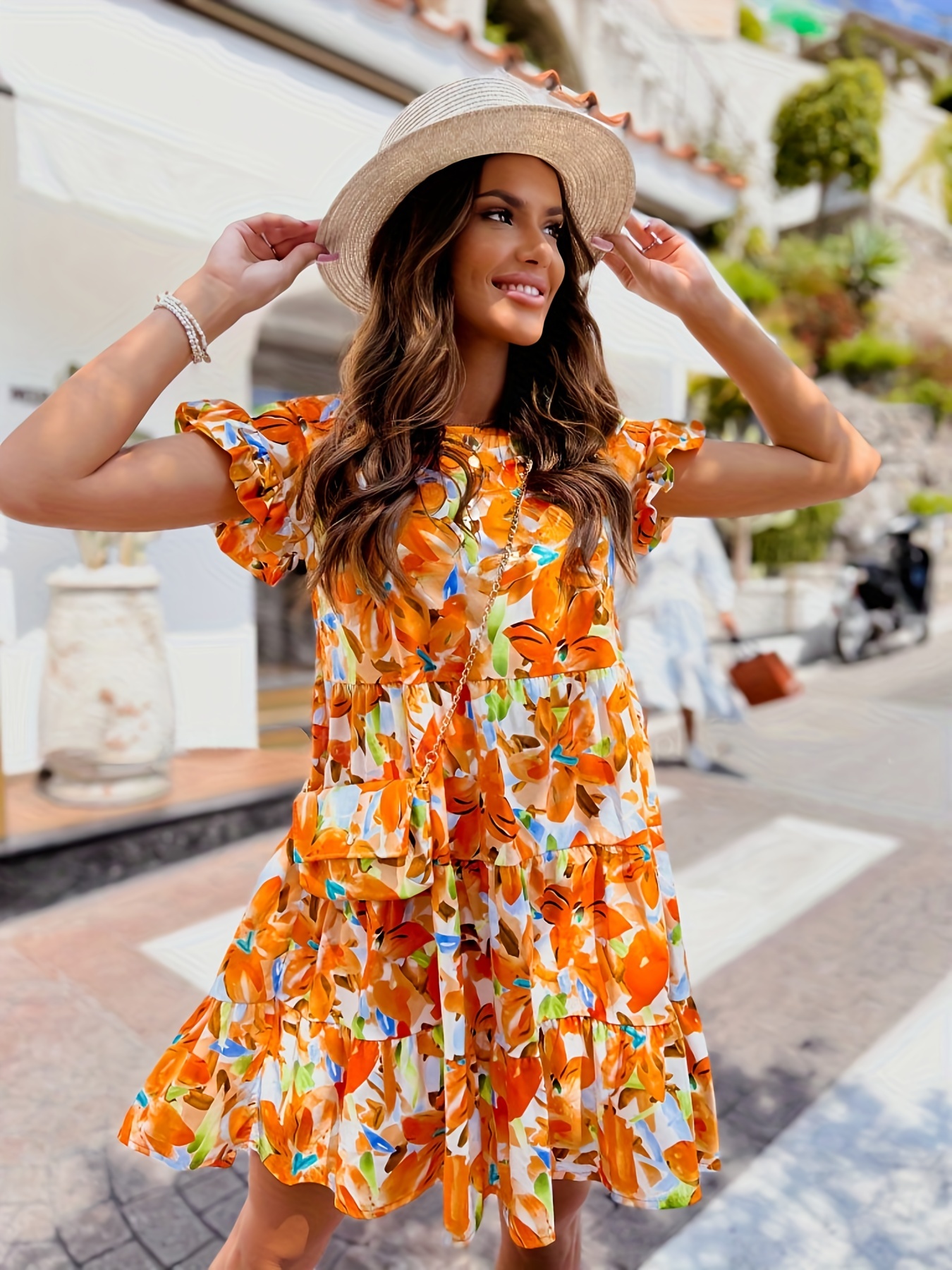 Floral Print Short Sleeve Dress Vacation Crew Neck Casual - Temu