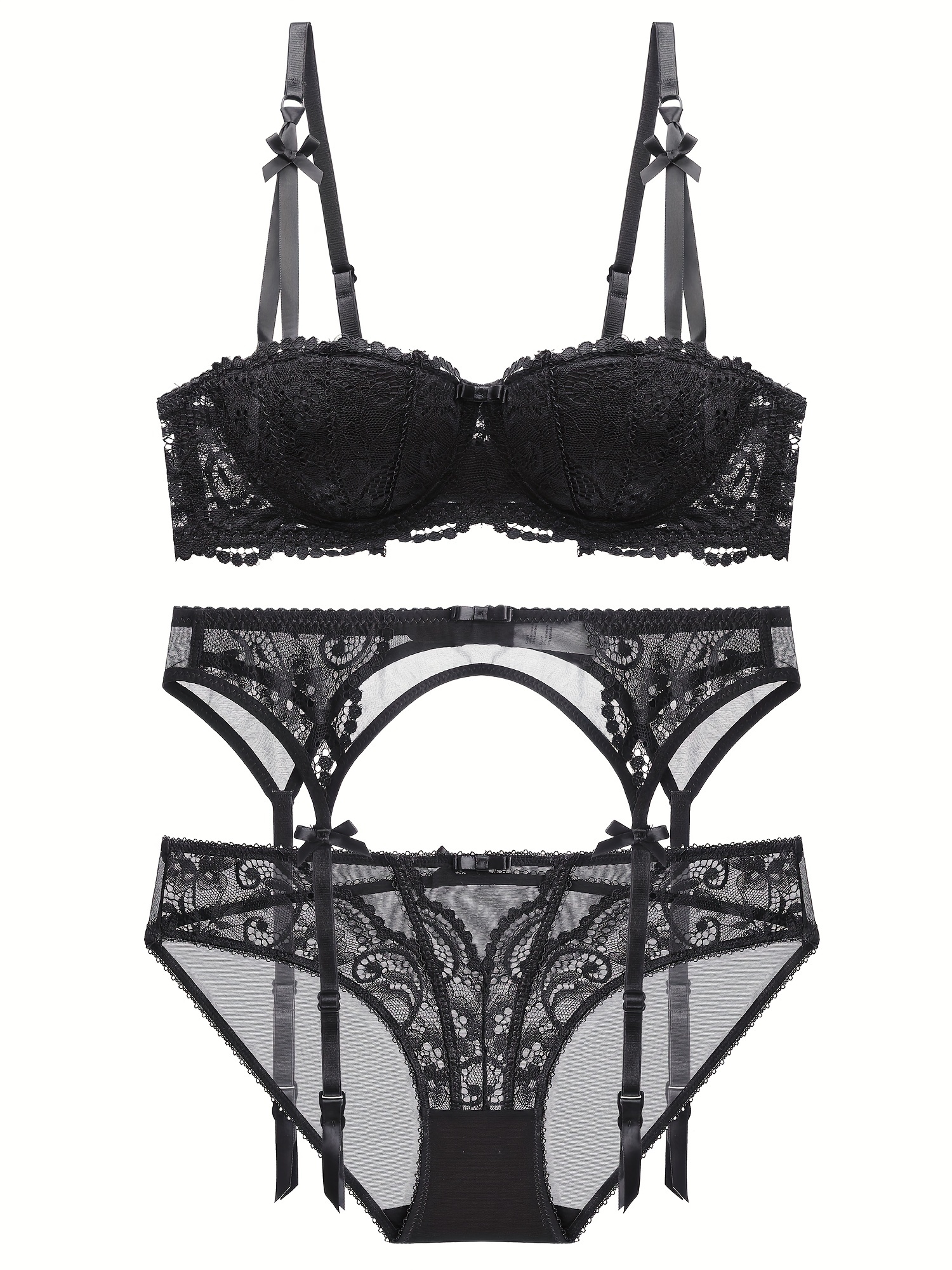 Guoeappa Women's Floral Lace Underwire lingerie set Full Coverage Padded  Balconette Bra and Panty set (Black,30A) at  Women's Clothing store