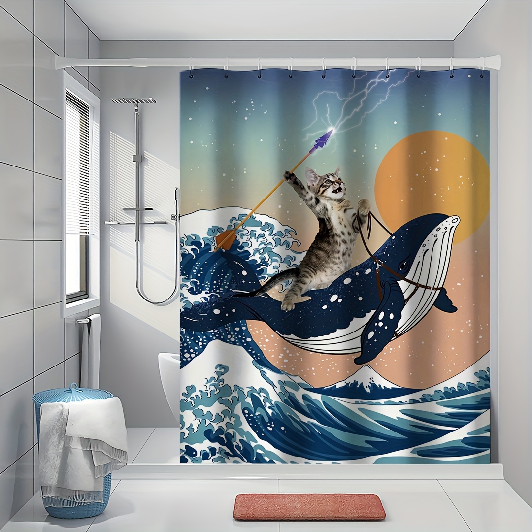 1pc Wave Kitten Whale Pattern Shower Curtain, Waterproof Shower Curtain  With Plastic Hooks, Decorative Bathtub Partition Curtain, Bathroom Decor,  Bath