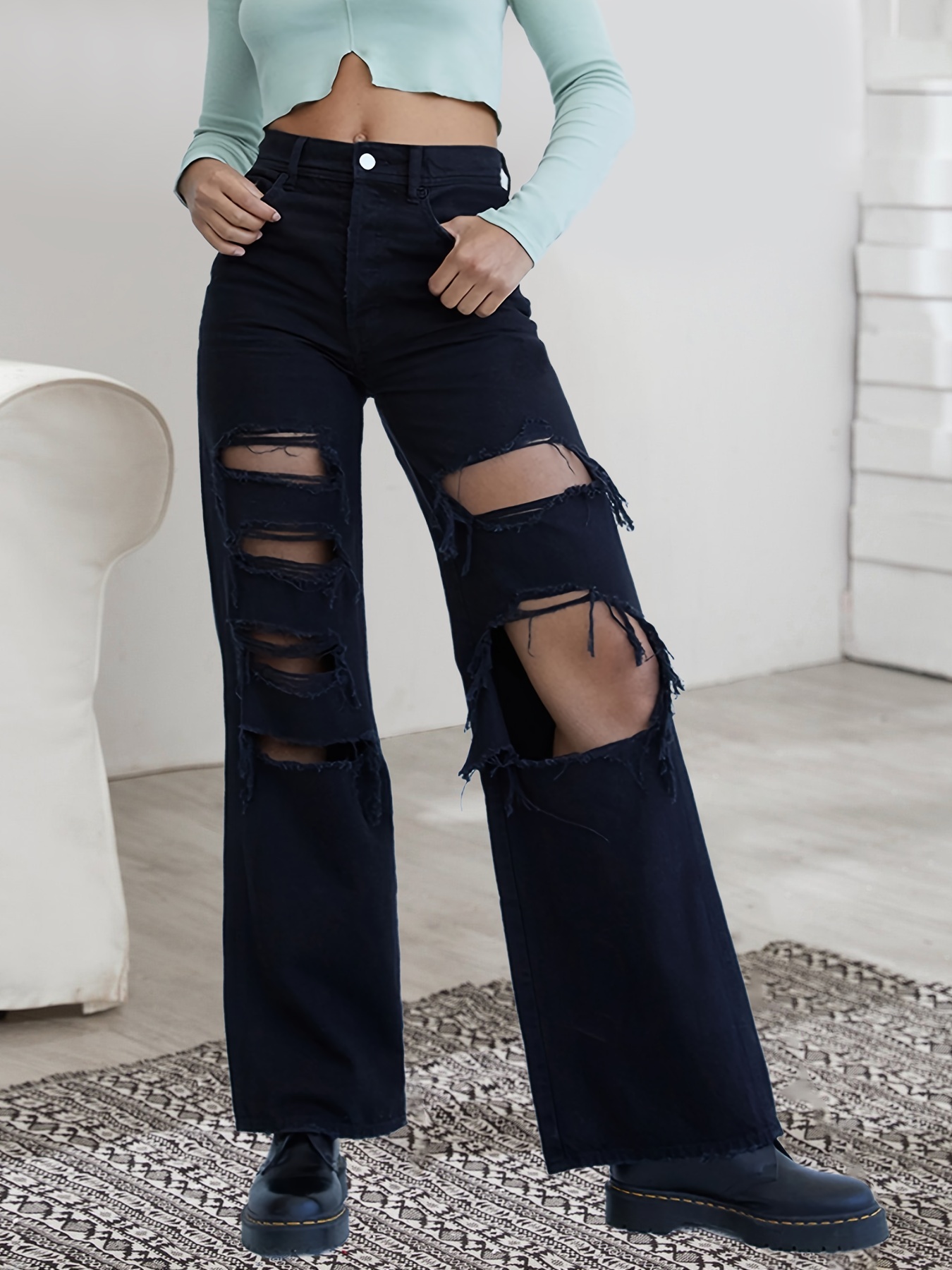 Girls Fashion Ripped Jeans High Waist Baggy Loose Wide Leg - Temu