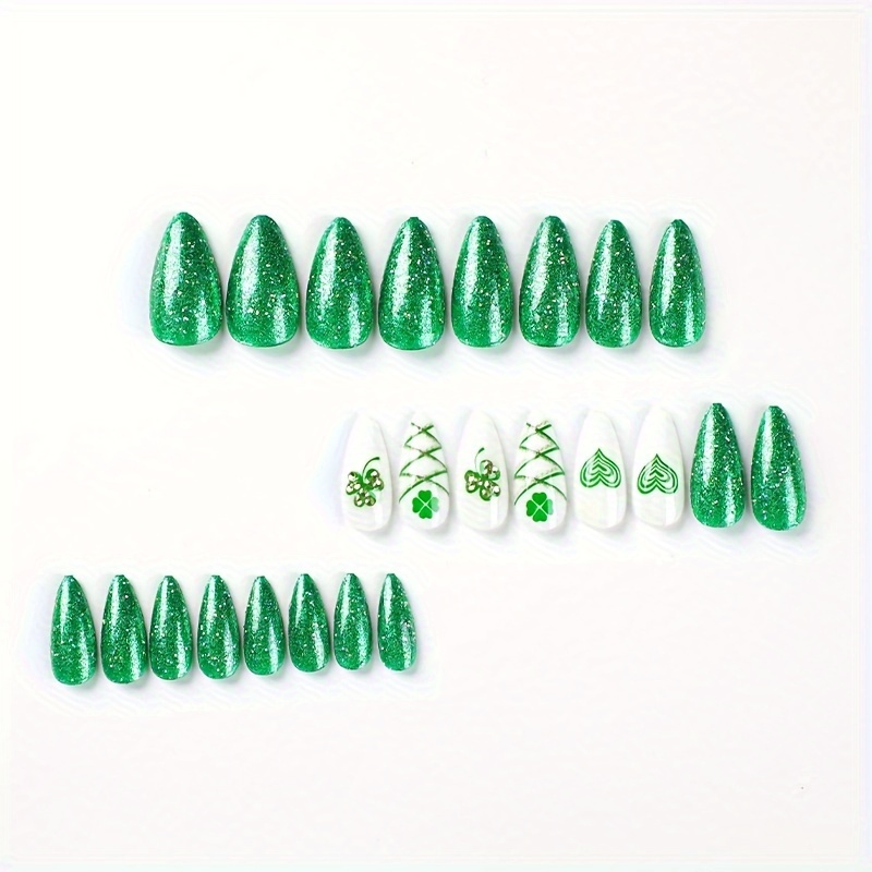 24pcs st patricks day press on nails medium almond fake nails acrylic green heart lucky clover exquisite luxury rhinestone almond design fashion st patricks day nail decoration for nails for women and girls details 4