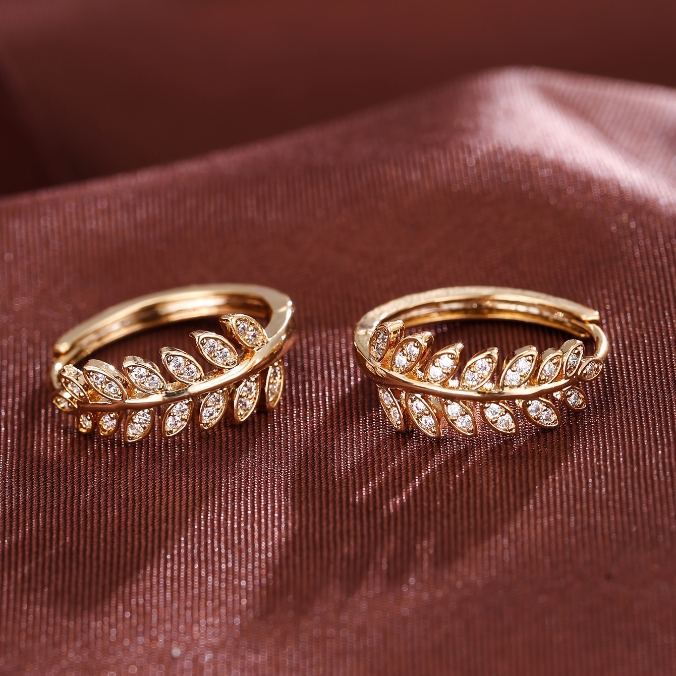 Leaf Shaped Hoop Huggie Earrings Inlaid Zircon