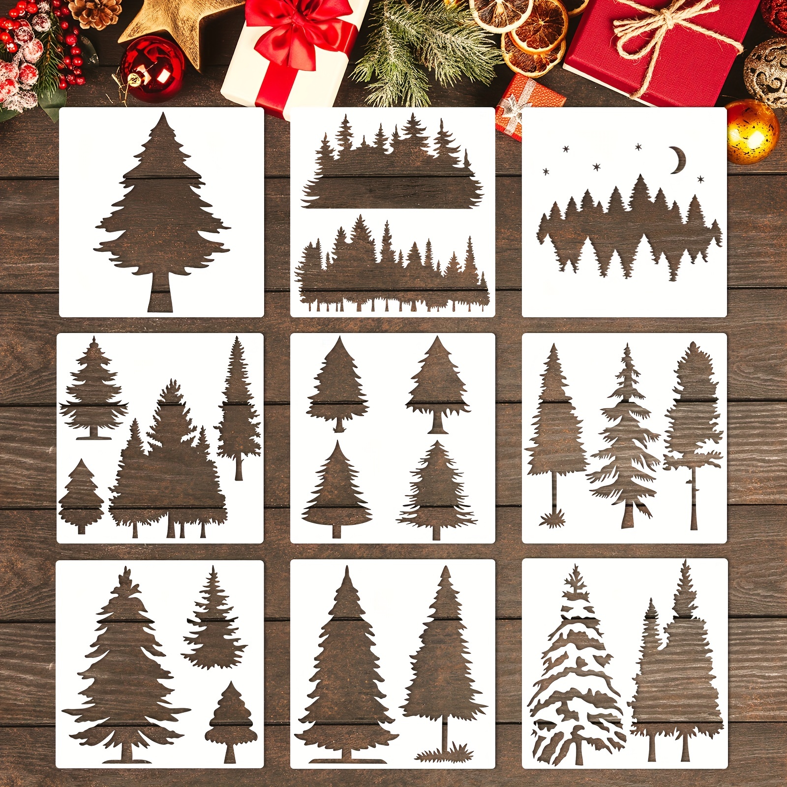 9 Pieces Christmas Pine Trees Stencils Reusable Winter Holiday Tree  Templates Christmas Woodland Stencils for Art Painting on Wood DIY  Handicraft Home