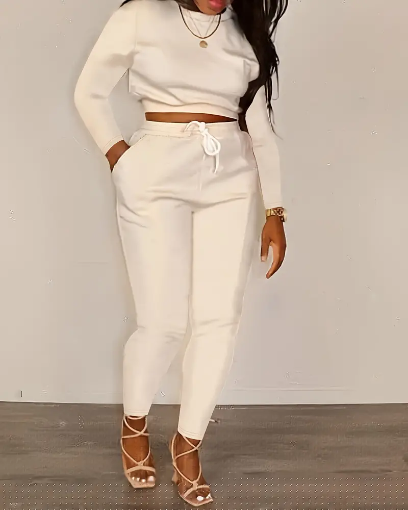 solid casual two piece set crew neck long sleeve tops drawstring elastic waist pants outfits womens clothing details 1