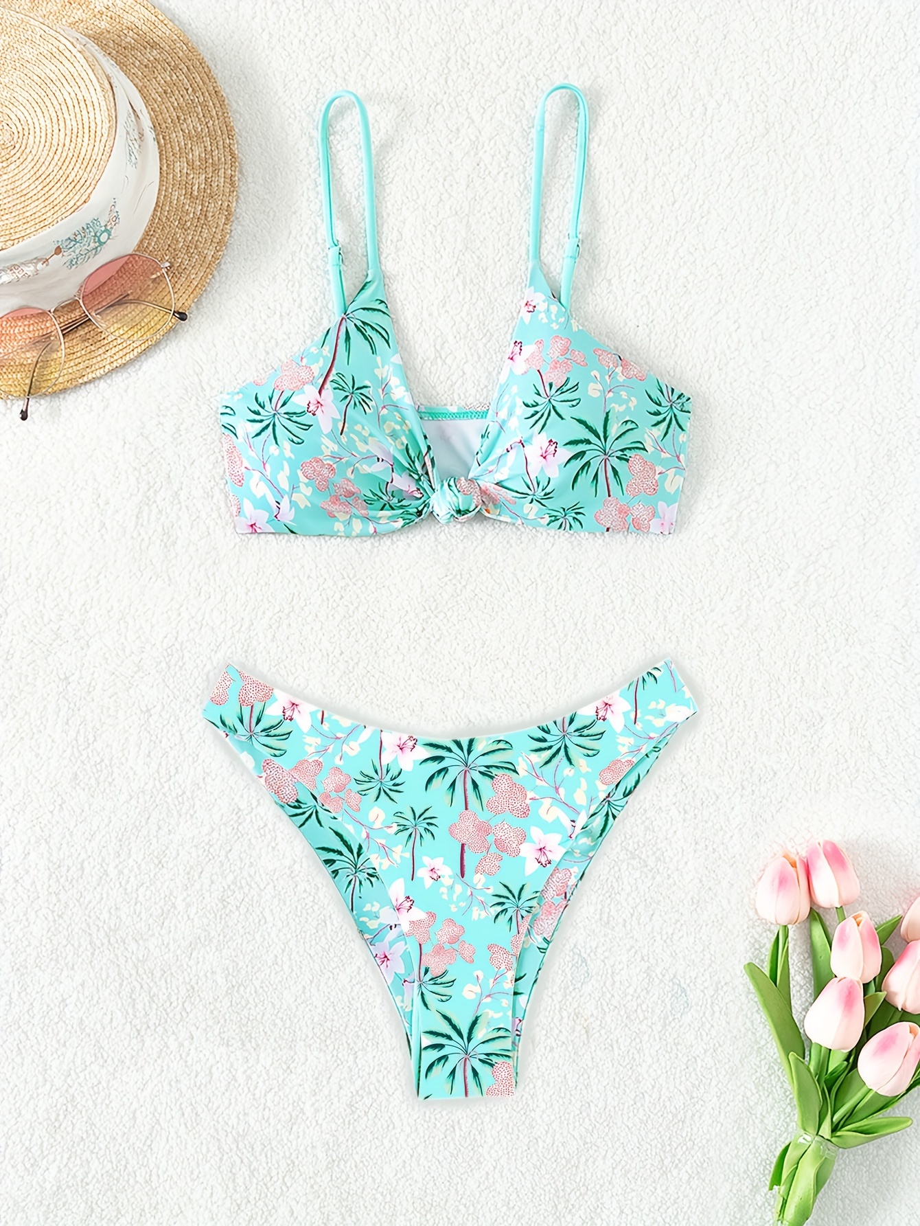 Tropical Leaf Print V Neck High Waist Bikini Sets Drawstring - Temu