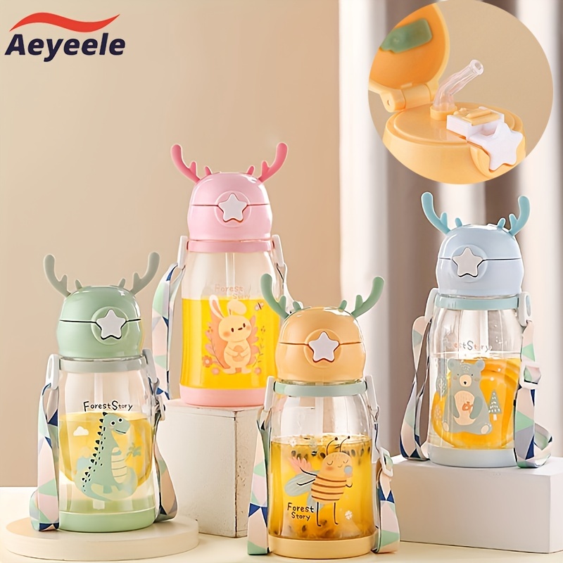 

1pc 20.29oz/600ml Cute Cartoon Antler Water Bottle With Straw, Cartoon Animals Antler-shaped Water Bottles, For Casual Drinks