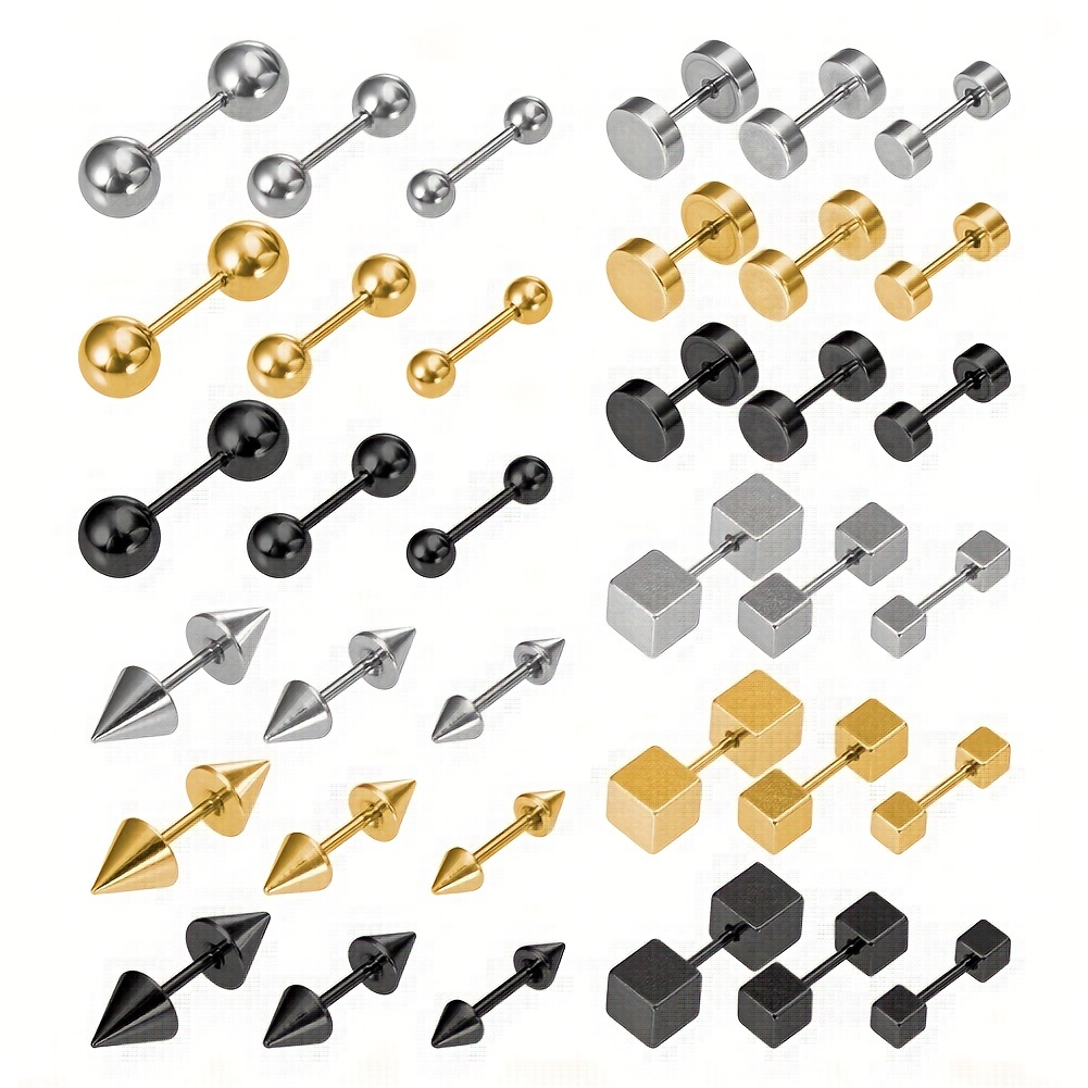 3pcs Pack Ear Bone Studs for Men, Ball Pointed Cone Round Cake Square