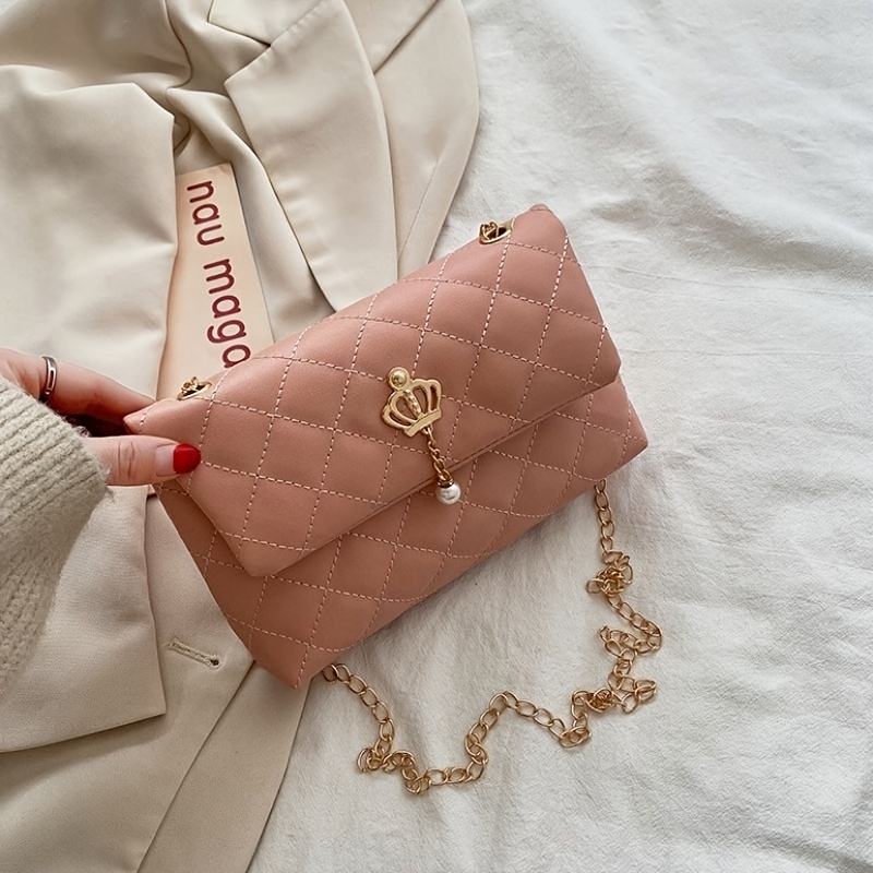 Women's Faux Pearl Chain Straps Shoulder Handbag, Quilted Argyle