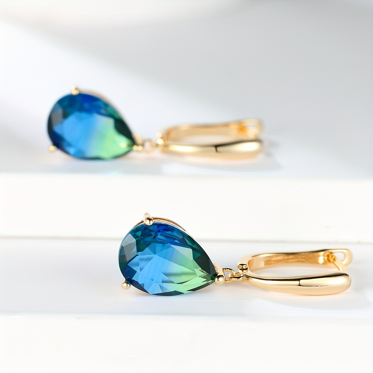 Luxurious And Charming Teal Teardrop Zirconia Pendant Earrings, Perfect for Parties, Birthdays, Engagements, And Weddings